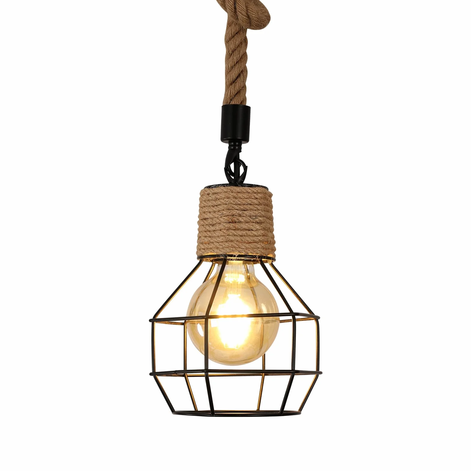 Vintage Lámpara Colgante Madera Cuerda de Cáñamo, Altura Ajustable, E27, Industrial Retro