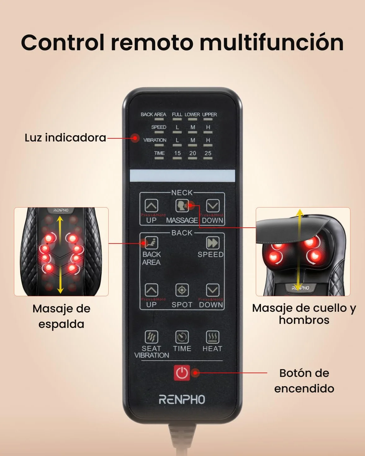 RENPHO Masajeador de Espalda Eléctrico Cojín Shiatsu con Calor Ajustable