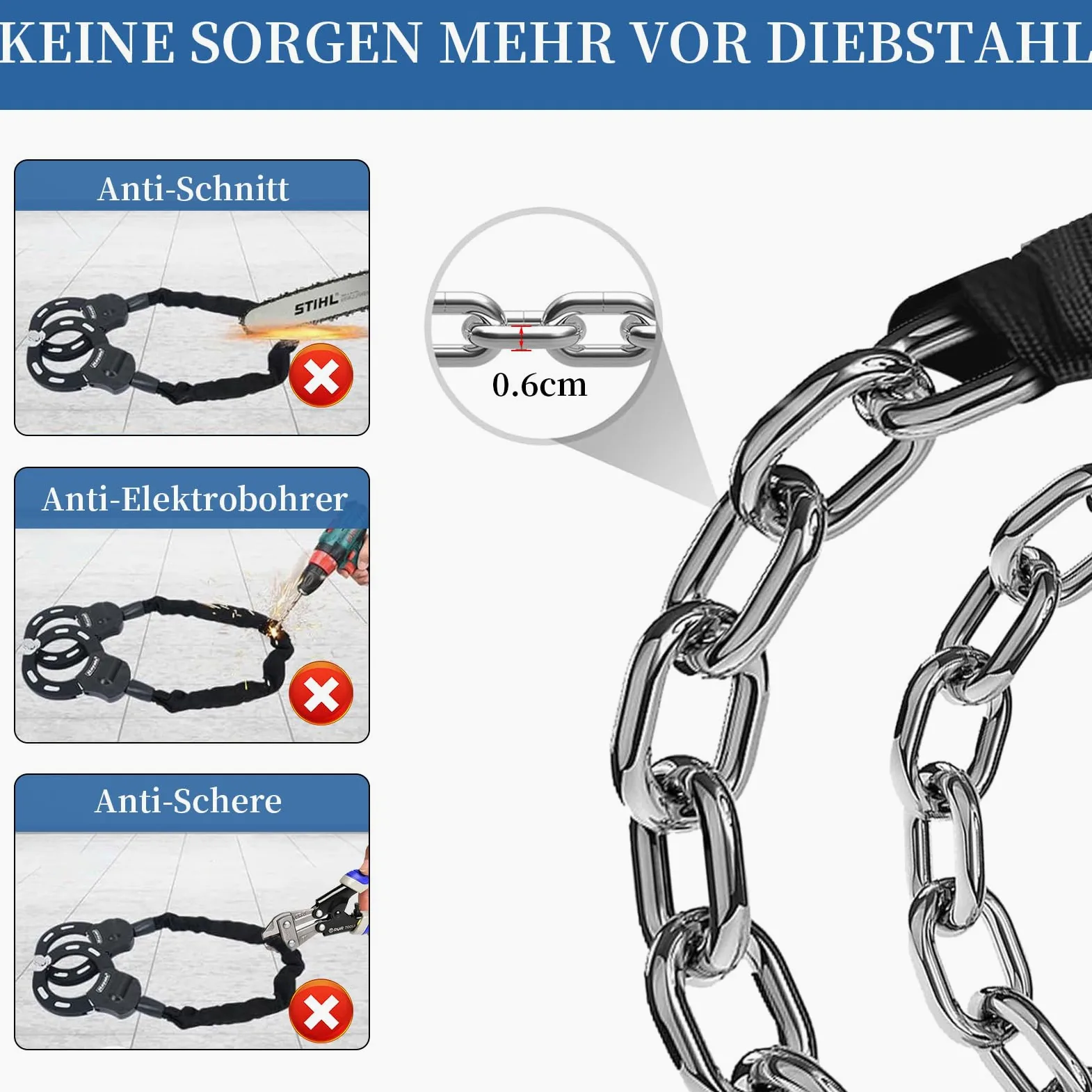 Candado para tritinte eléctrico, candado para patinete con llave y bolsa impermeable, cadenas antirrobo para bicicleta, scooter, bicicleta eléctrica, patinete autoequilibrado