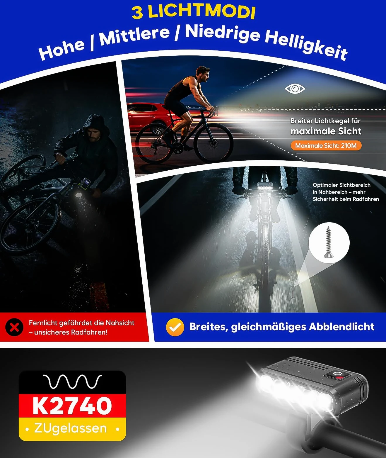 Juego de luces para bicicleta con soporte para GoPro/ordenador de bicicleta, homologación StVZO, USB-C, recargable, antirreflejos, 3 LED faros y luz trasera con luz de freno, IP65 resistente al agua