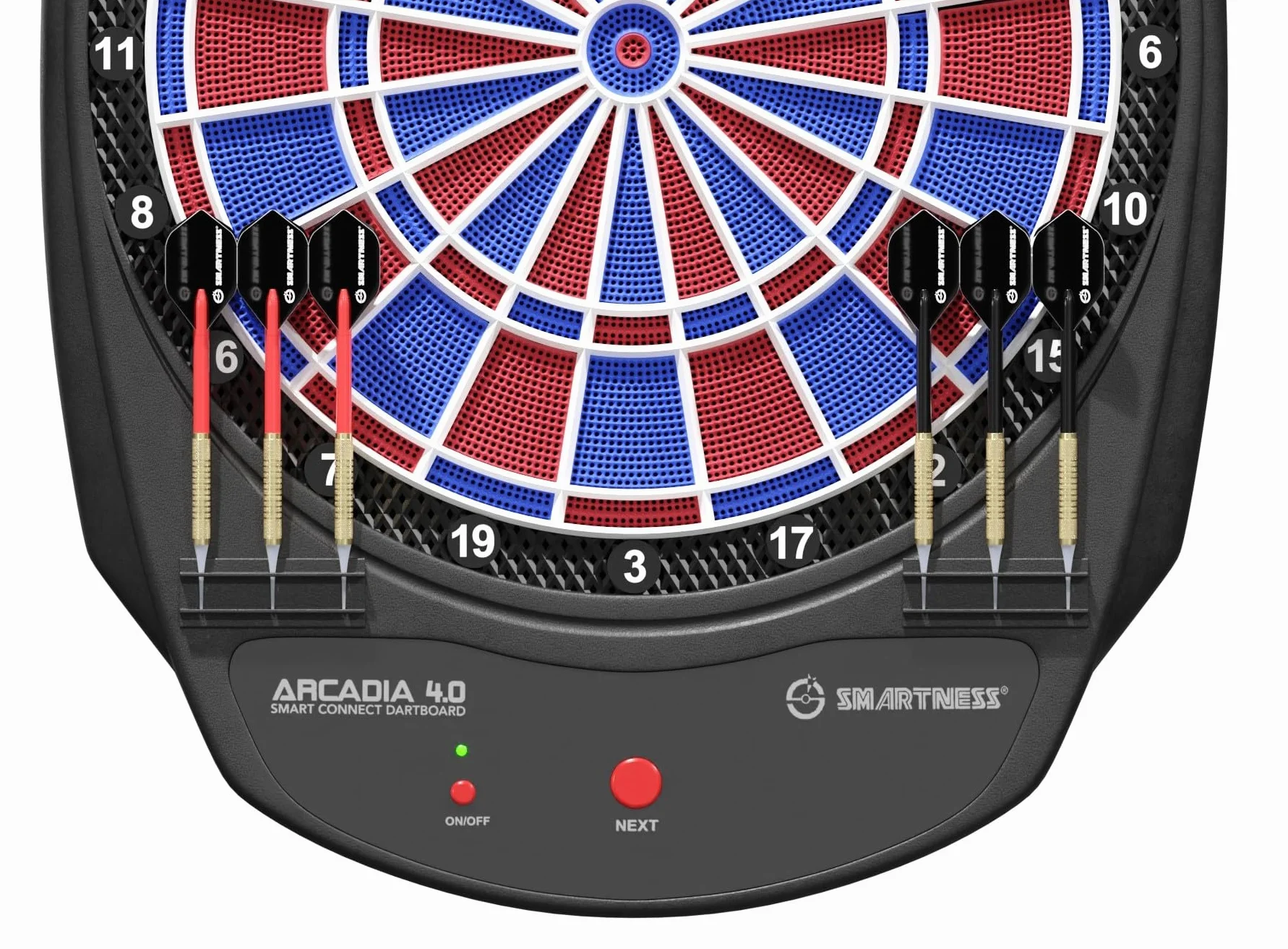 Carromco Smartness Arcadia 4.0 - Diana electrónica Profesional con aplicación, Rojo-Azul, para 1-8 Jugadores, Dardos Blandos, Cable USB, 17 Juegos y 312 Variantes (Incluido el críquet)