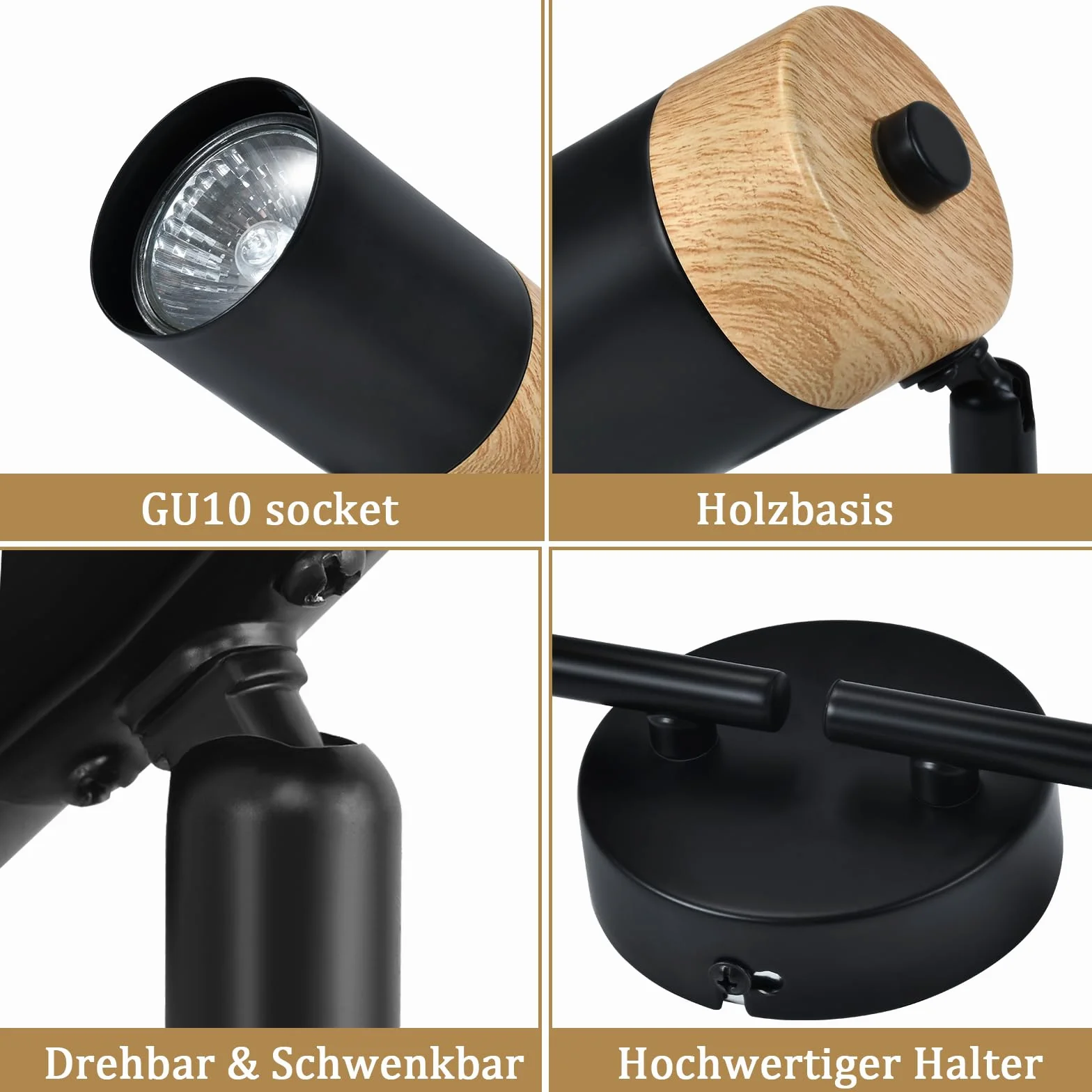 Plafón de madera negro LED orientable 330° 4 brazos GU10 para salón cocina habitación infantil