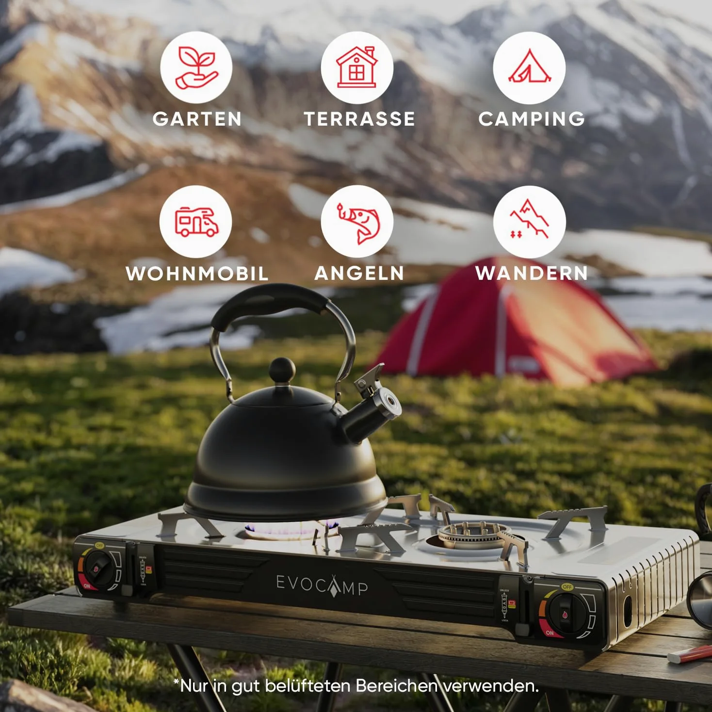 Cocina de Gas 2 Fuegos para Camping con Encendido Piezoeléctrico y Cartuchos MSF-1a 227g