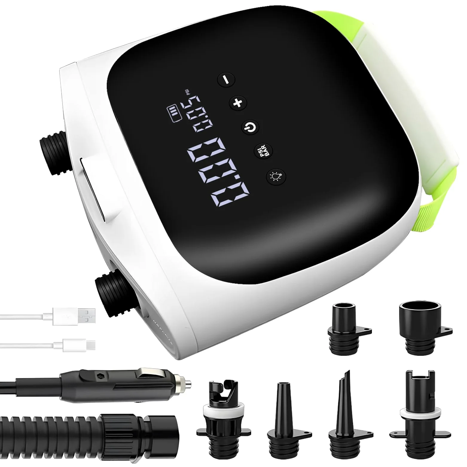 Bomba de sup recargable, bomba de tabla de remo de 20 psi para inflables y desinflación, carga rápida de 110 V CA/12 V CC, con función inteligente de apagado automático de dos etapas para tablas de