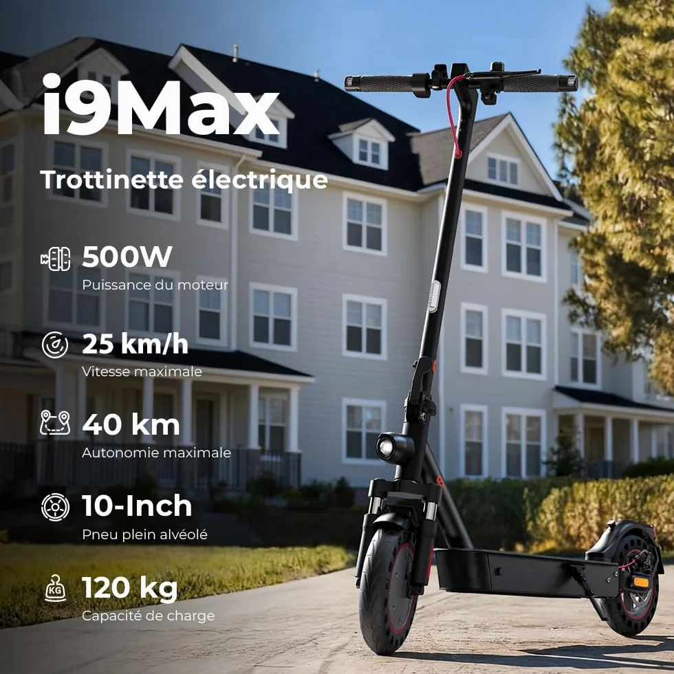 iScooter 10" Patinete Eléctrico Adultos Homologado DGT, 500W Motor, Autonomía De 30-40 KM, Máxima 25KM/H, Bocina, Timbre, Intermitentes, App, Frenado Doble, Plegable, Carga 120 KG, Bloqueo/Desbloqueo