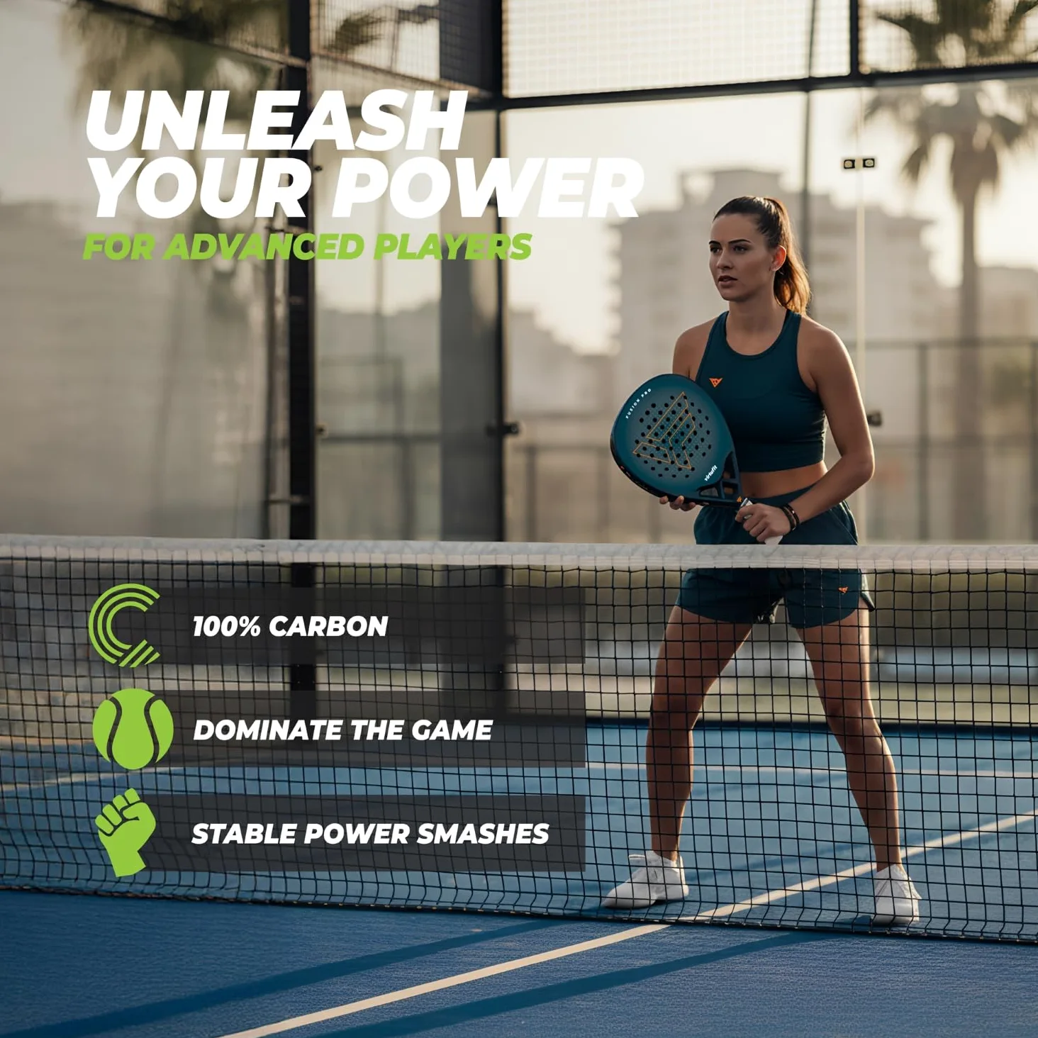VirtuFit Fusion Pro Pala de pádel Deep Teal – Raqueta de pádel para principiantes y avanzados, marco de fibra de carbono, potencia y control, raqueta ligera de pádel