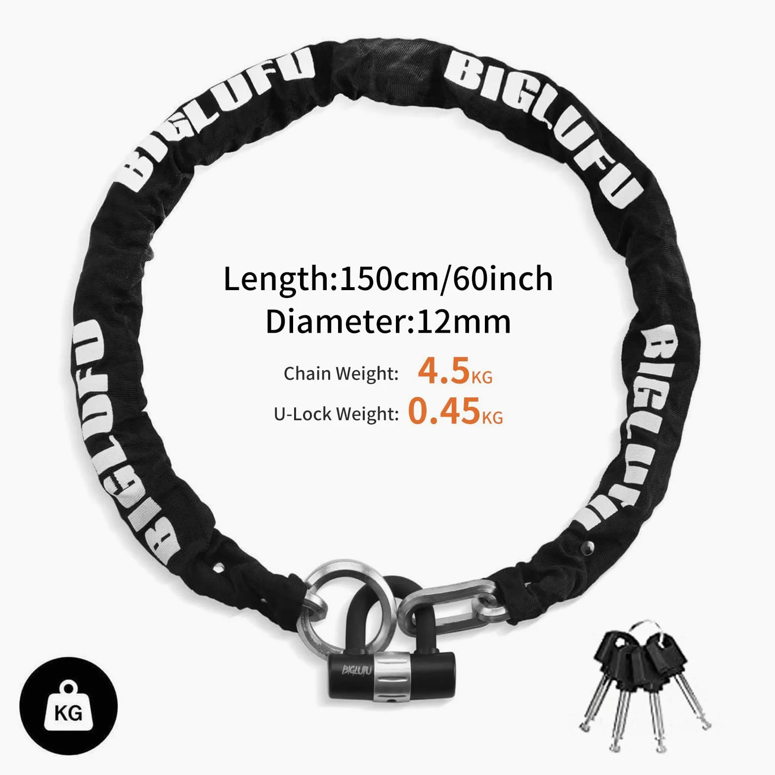 Candados de cadena para motocicleta con 4 llaves de 16 mm, cadena larga resistente de 150 cm, cadenas a prueba de cortes de 12 mm de grosor, ideal para motocicletas, motocicletas, bicicletas