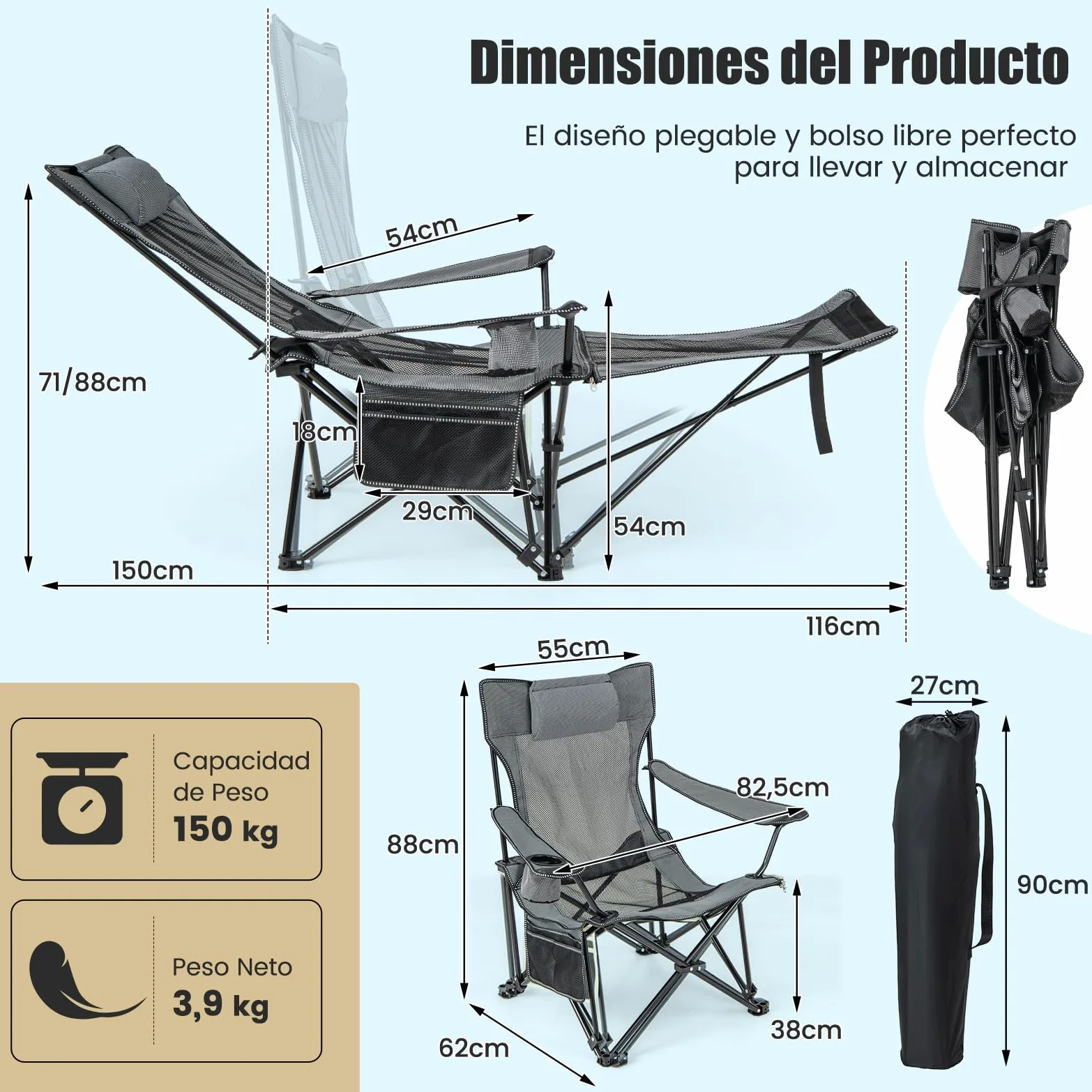 COSTWAY Silla Plegable Camping, Silla de Acampada Portátil 2 en 1, Reposapiés Desmontable, Respaldo Ajustable, Portavasos y Reposacabezas, Bolsa De Almacenamiento, Silla Camping Pesca, Picnics (Gris)