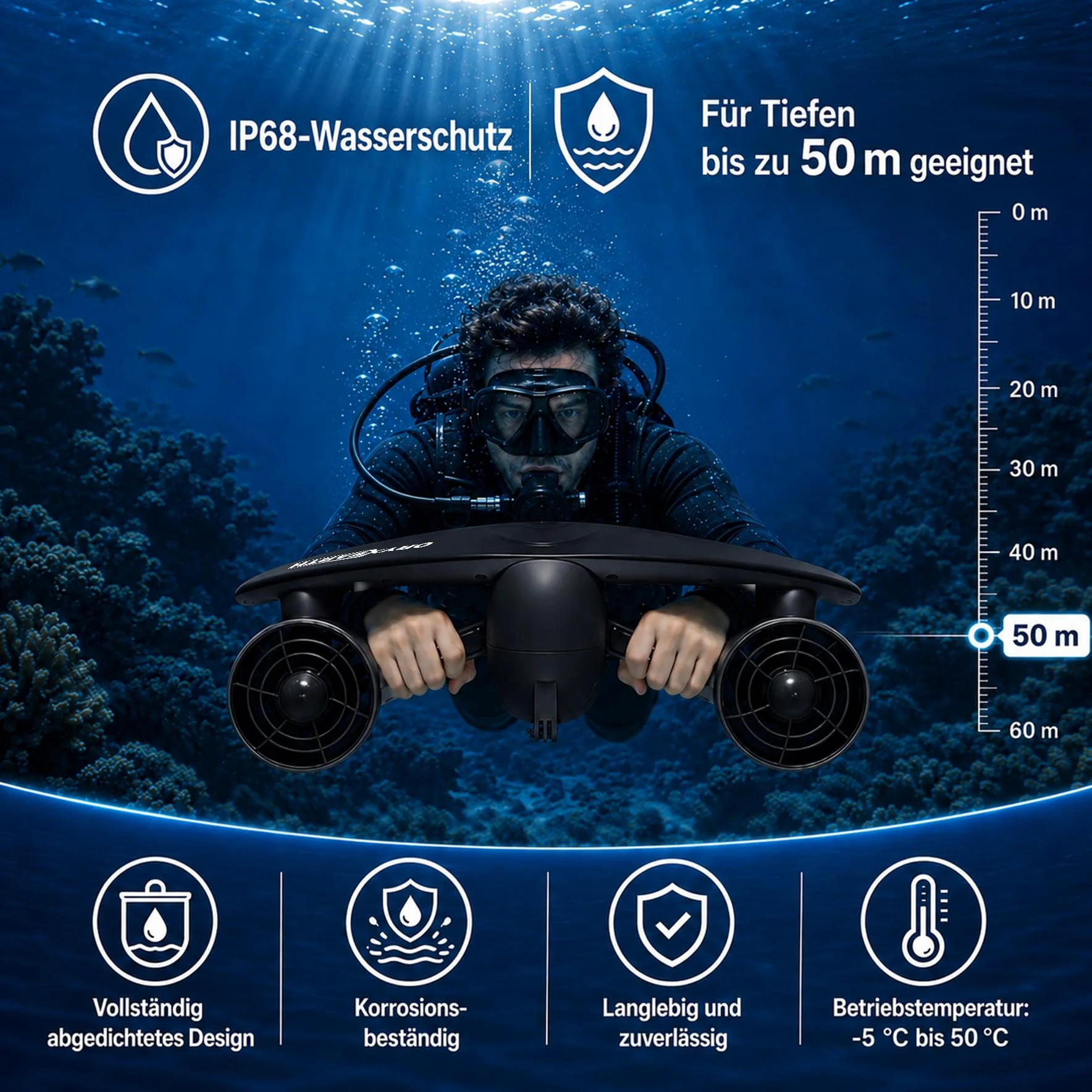 Oryxearth Doble Motor Scooter Submarino, 50 m, profundidad, 2 velocidades ajustables, soporte para cámara de acción, alerta de batería baja, scooter marino impermeable con seguridad infantil para