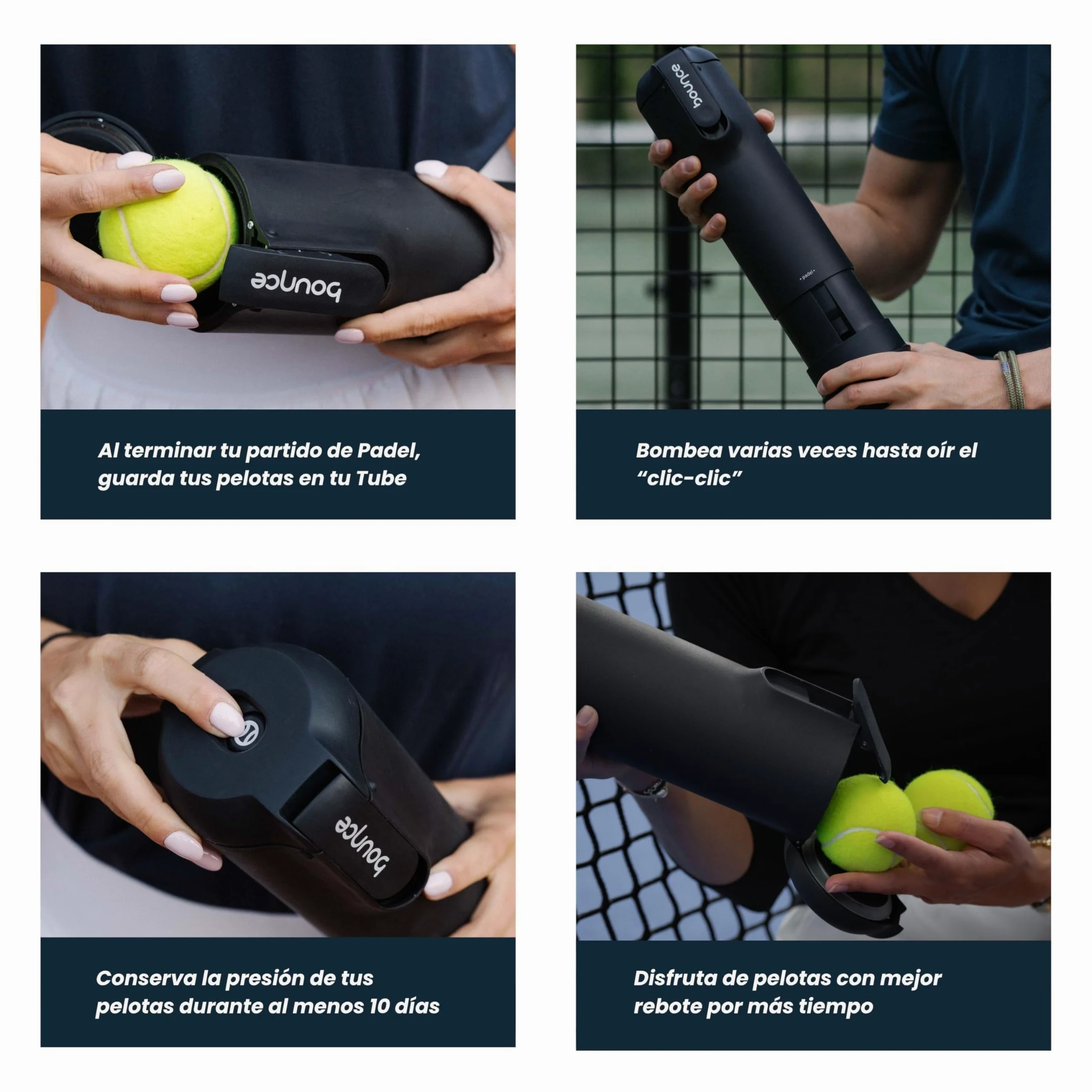 Bounce Tube – Presurizador de Bolas de pádel y Tenis – Vida útil x3 – Rebote conservado – Bomba integrada – Made in France