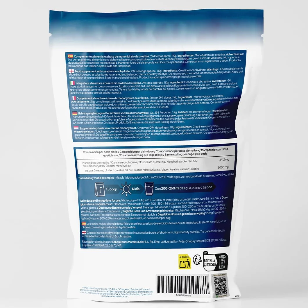 Creatina Monohidratada en Polvo 1kg 294 Dosis - 100% Creatina Monohidrato Micronizada Pura Sin Gluten Vegana