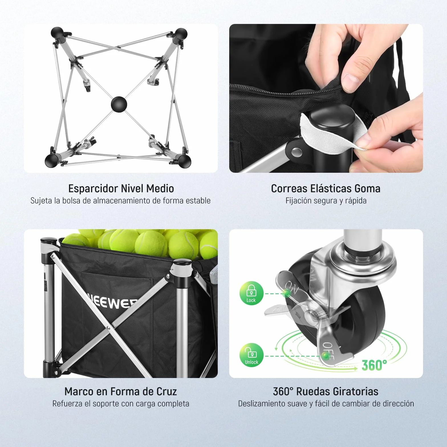 NEEWER Contenedor de Pickleball con Ruedas, Plegable Poliéster Picker Upper Hopper Carrying Basket Cart Holder con Bolsillo Lateral