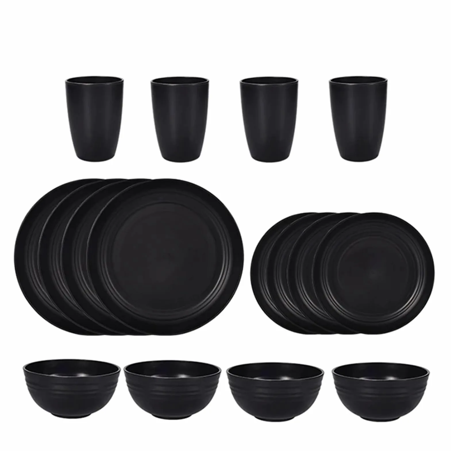 Juego de cubiertos de polipropileno negro de 8 piezas/16 piezas con plato, tazón, vajilla de fiesta de camping al aire libre (16 piezas)