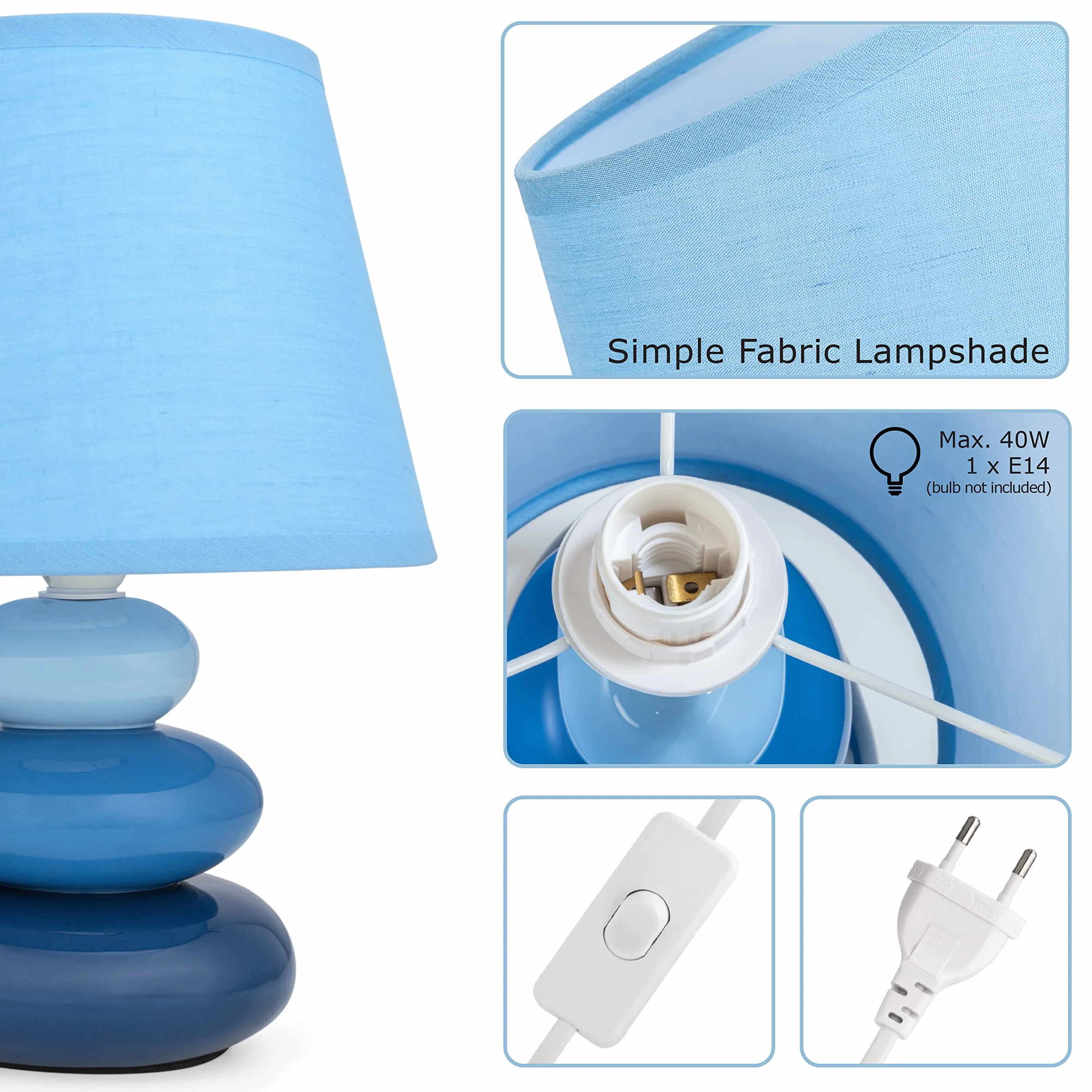 Lámpara mesita noche azul cerámica pantalla tela E14 230V LED