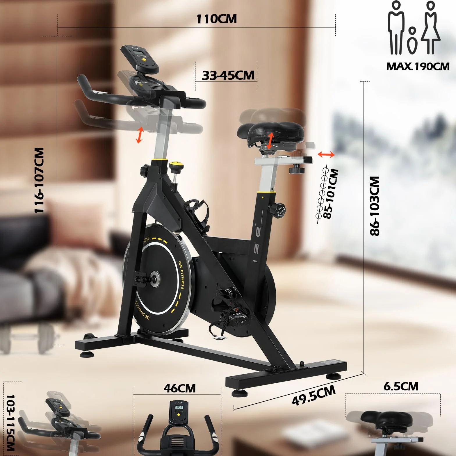 ISE Bicicleta Estática Ajustable Resistencia, Bici Estatica con LCD Pantalla, Soporte para teléfono móvil, Ipad y botella, Bicicleta Profesional, Sillín y Asa Ajustable, Max.120KG