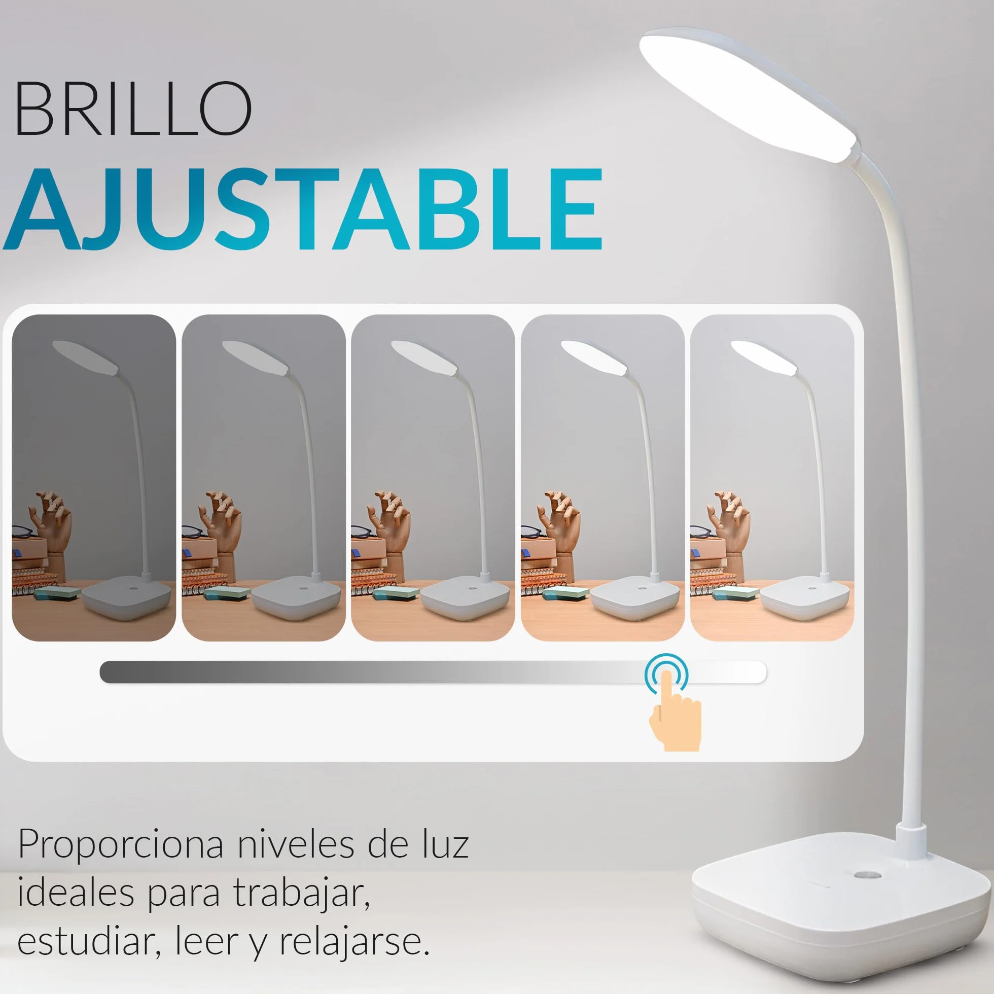 Lampara Escritorio LED Recargable, Flexo Flexible 3 Modos Luz, Control Tactil Ajustable para Oficina Estudio