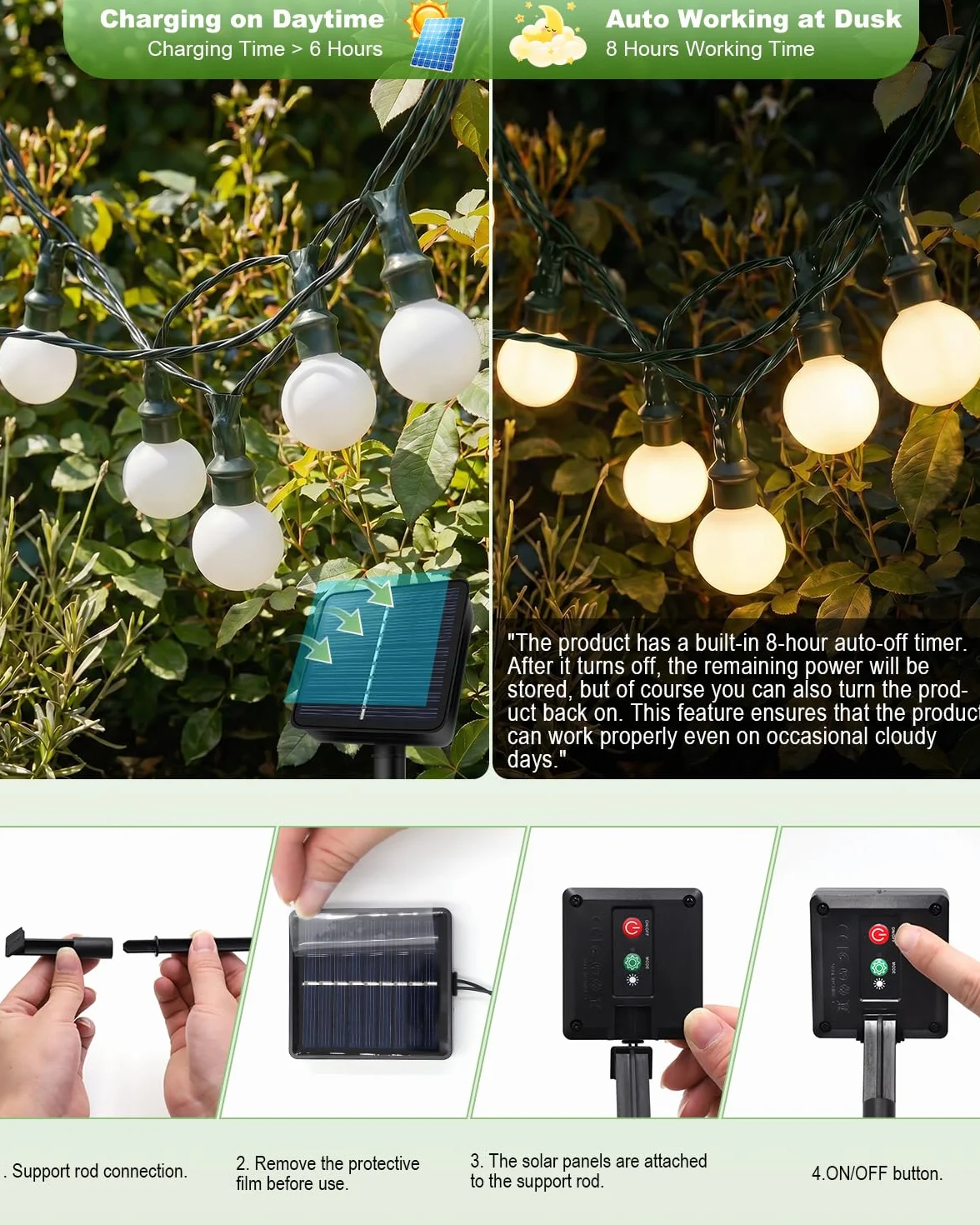 Cadena de luces solares exteriores 14m 120 LED IP65 blanco cálido 8 modos