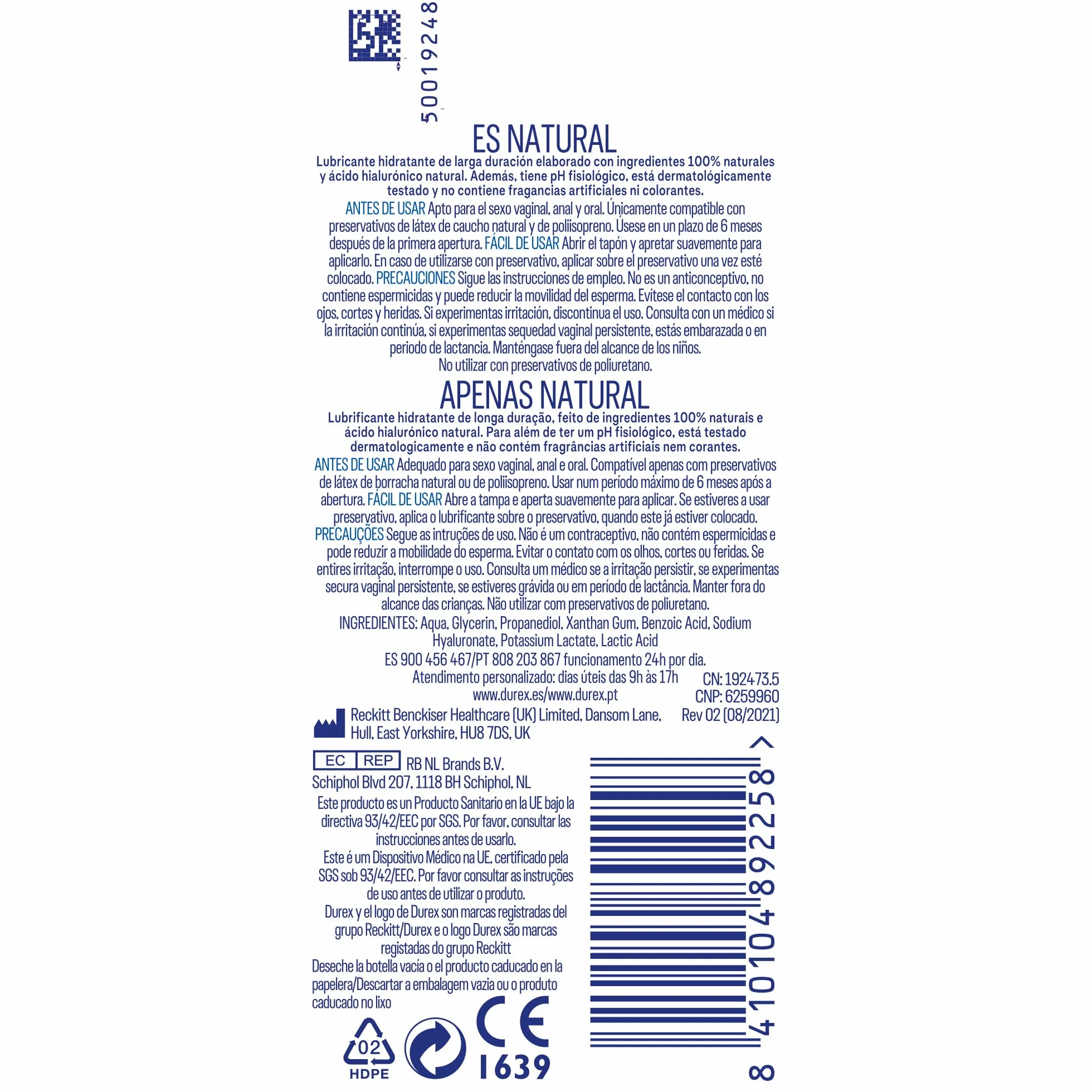 Durex Naturals Hidratante Lubricante Ácido Hialurónico 100% Natural 100 ml