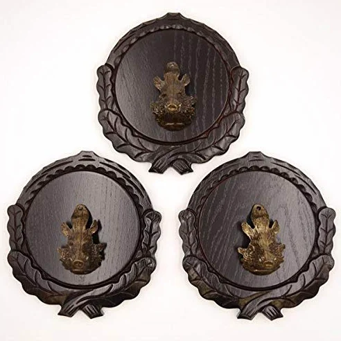GTK - Juego de 3 placas de cuña talladas oscuras AF de 16 cm con 3 cabezas de cuñas, portada grande, tabla de cuñas, cartel para trofeos