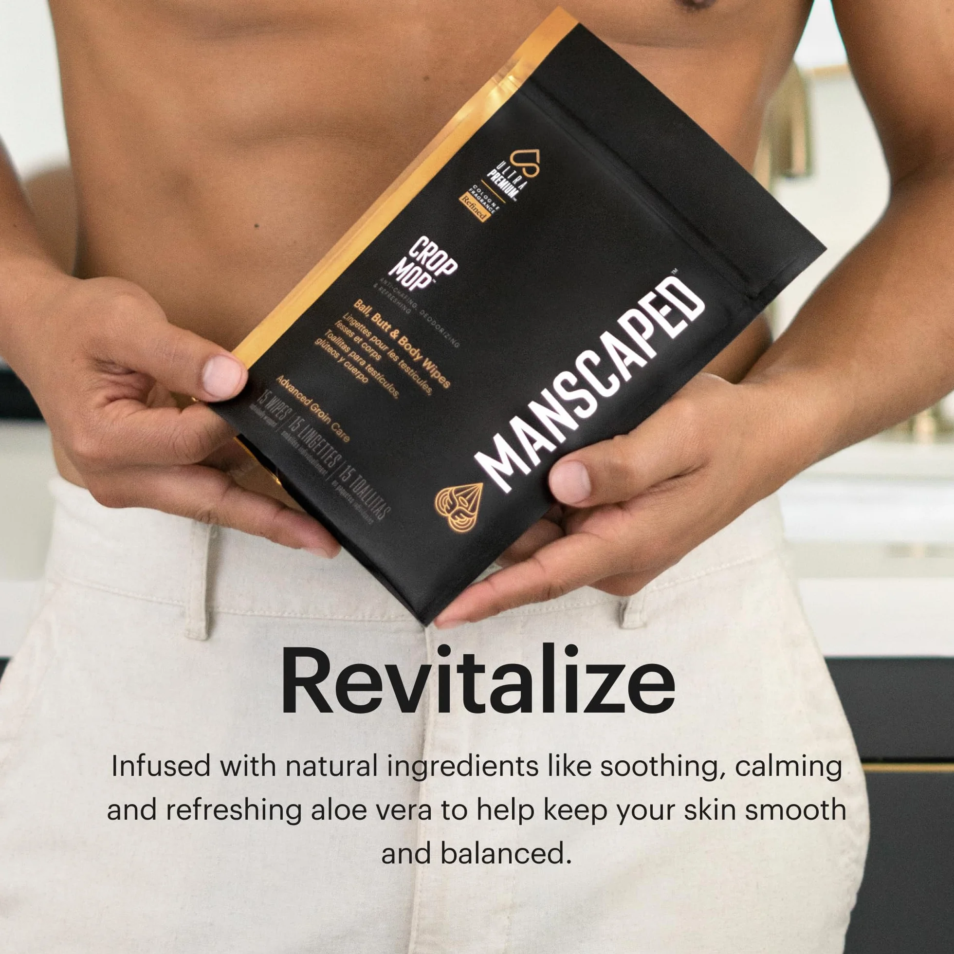 MANSCAPED® The Crop Mop® Toallitas íntimas para testículos, pack de 15 toallitas húmedas antirrozaduras para higiene masculina