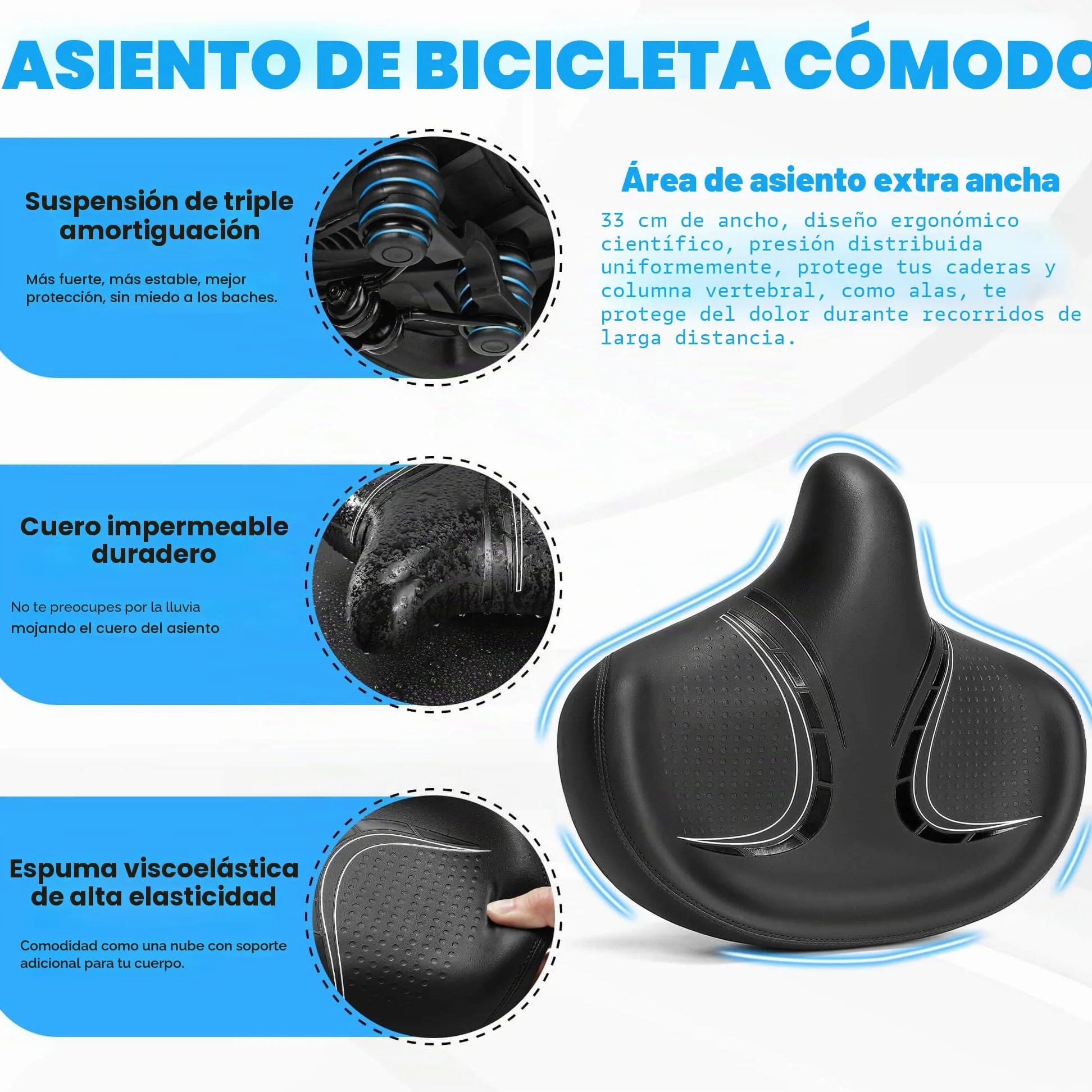 CDYWD Sillín de bicicleta de gran tamaño para hombre y mujer, cómodo, suave, extra ancho, acolchado, cómodo sillín de bicicleta, bicicleta de ejercicio, bicicleta estática