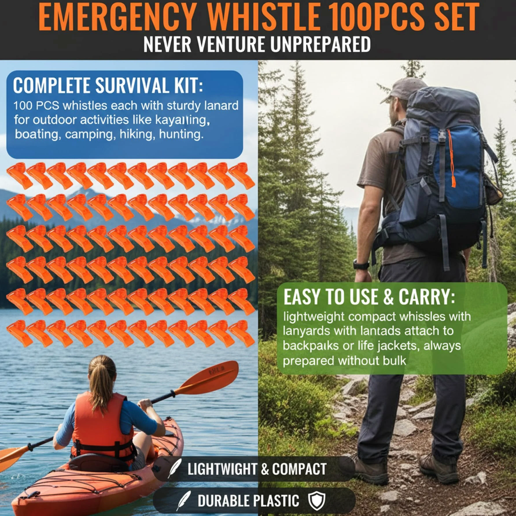 Jorzer Silbato de Emergencia 100PCS Silbato de Seguridad de plástico Ruidoso con cordón Equipo de Supervivencia para Kayak, canotaje, Barco de Pesca, Camping, Senderismo, Caza-