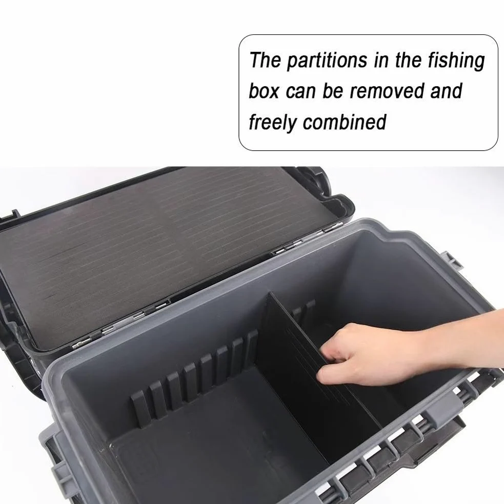 Caja de aparejos de pesca de gran capacidad con separadores extraíbles, caja de almacenamiento de señuelos de polietileno con correa para el hombro y asiento, organizador portátil multicapa para pesca