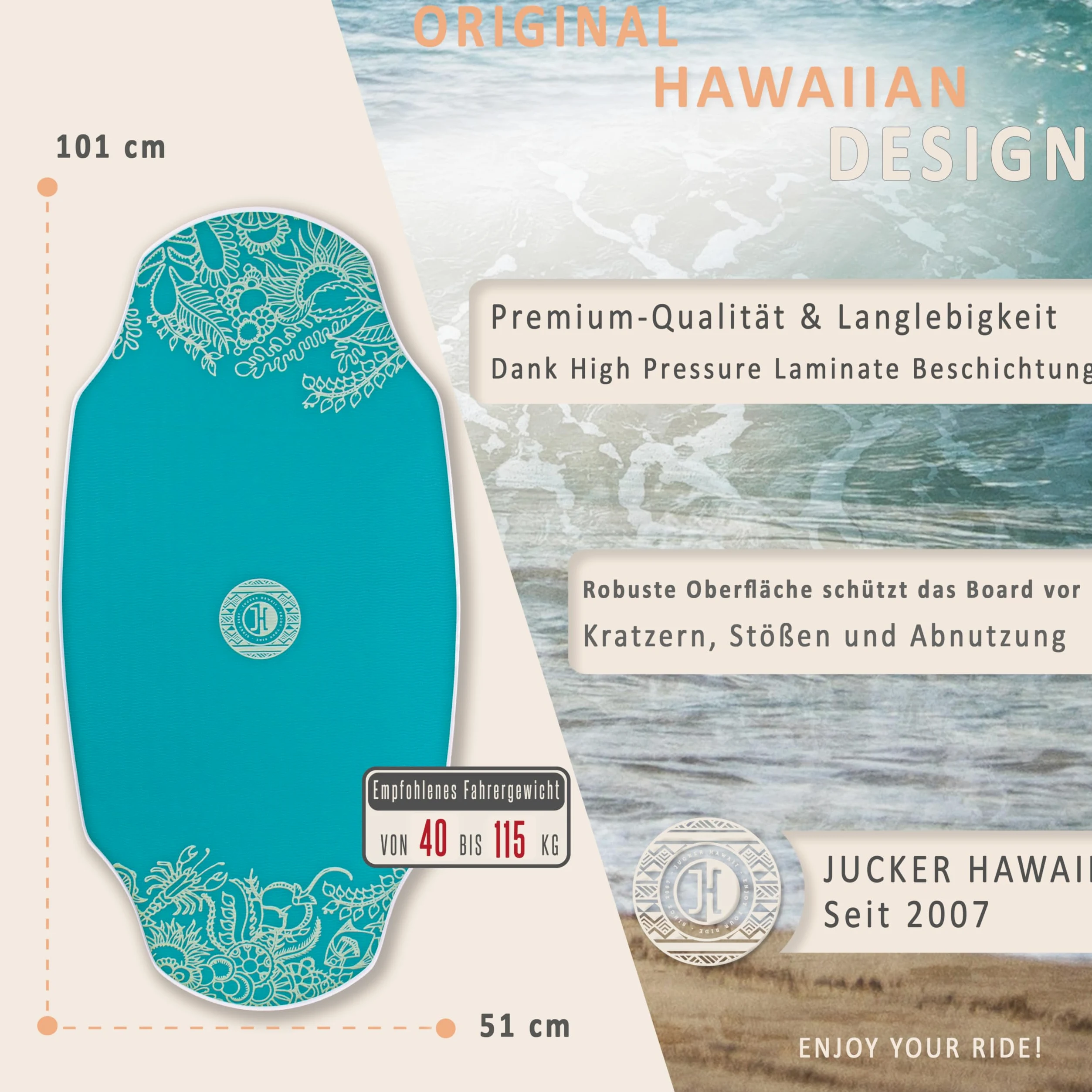 JUCKER HAWAII Skimboard HPL AKA Blue Pro – Tabla de esquí profesional con revestimiento HPL de doble cara y capa antideslizante EVA, tabla de esquí de gama alta – Ultra rápida, duradera y soporta
