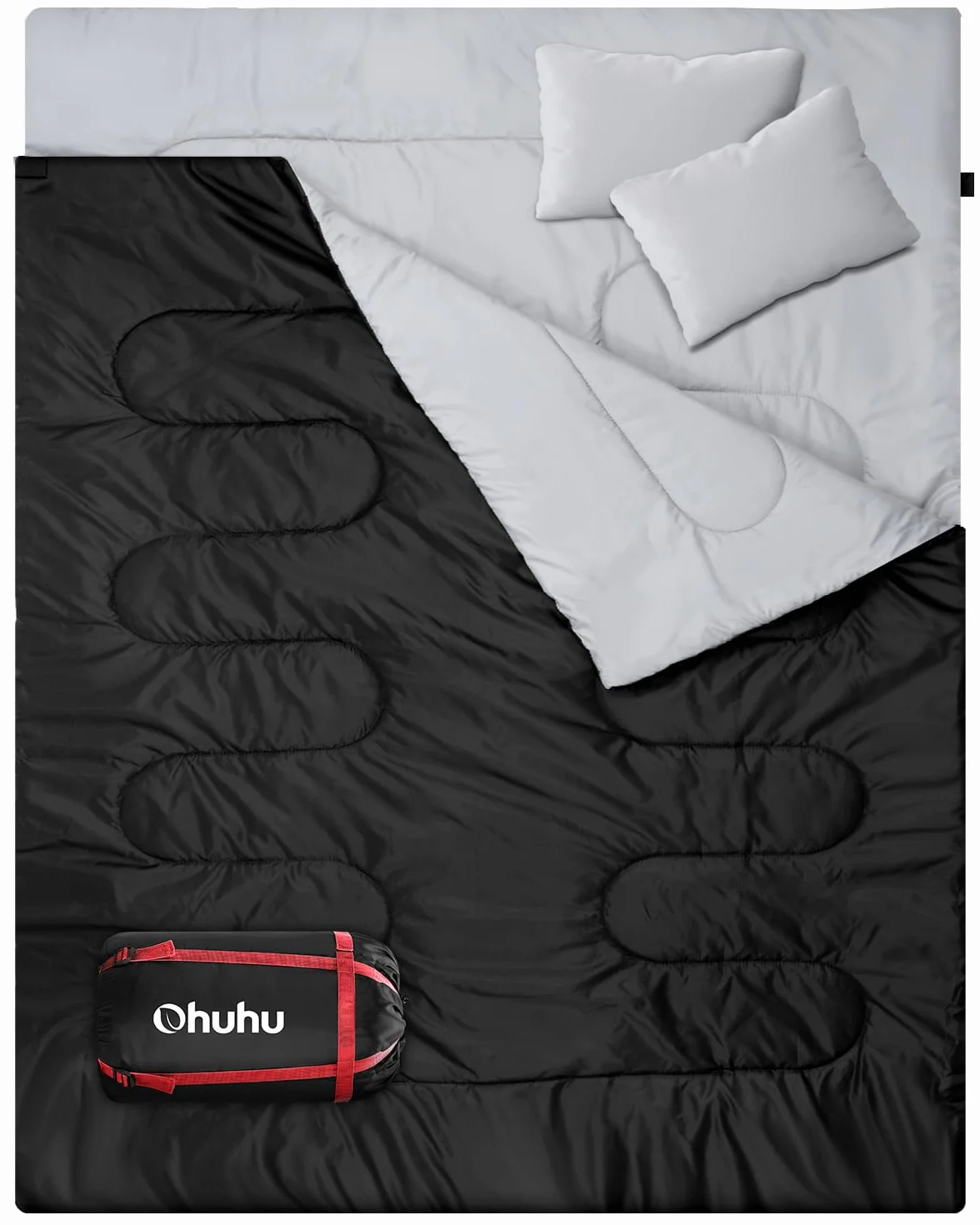 Ohuhu Saco de Dormir Doble Enorme 220x150cm con 2 Almohadas y una Bolsa de Transporte, Cuatro Doble Tiradores de la Cremallera - Temperatura Cómodo: 0 ° C ~ 10 ° C