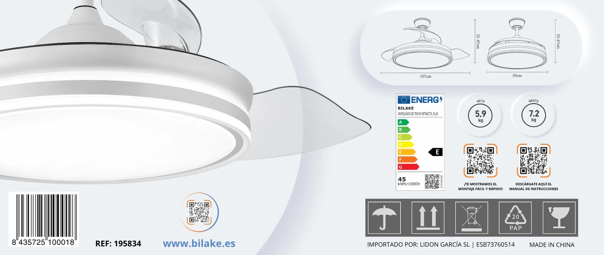 Bilake Ventilador de Techo Aspas Retráctiles Luz LED Motor DC Silencioso Bluetooth Mando Invierno Verano 108cm 50W 6200lm Blanco