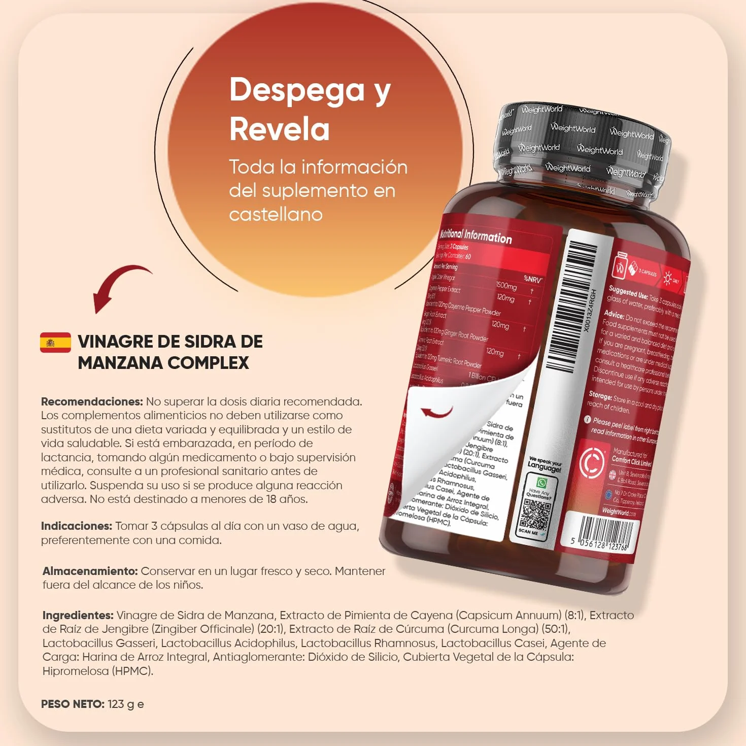Vinagre de Sidra de Manzana 1860 mg - 180 Cápsulas con Probióticos, Cúrcuma, Jengibre y Pimienta de Cayena - Suplemento Vegano Sin OGM Sin Gluten