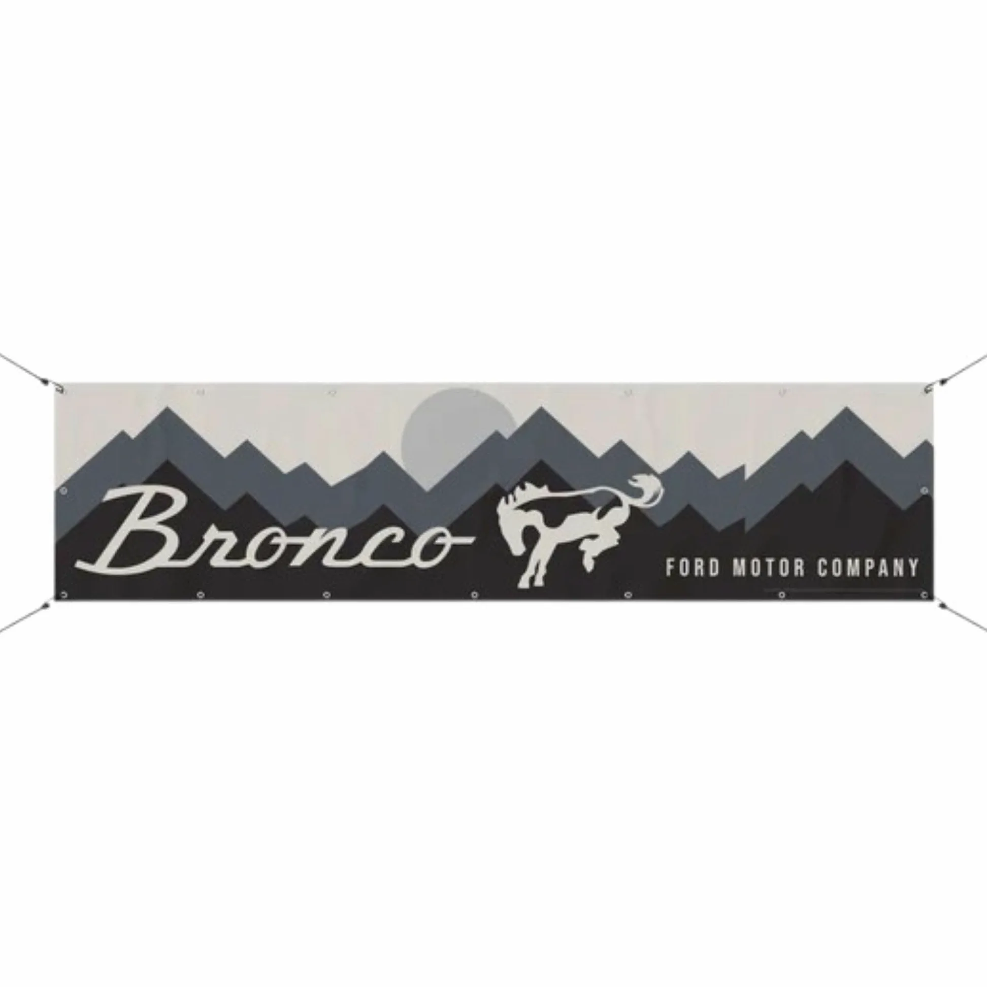 Cartel de vinilo largo resistente con logotipo de Ford Bronco Mountains con ojales de latón, disponible en 3 tamaños, bandera perfecta para paredes de garaje/granero, colgar de las vigas, cueva de