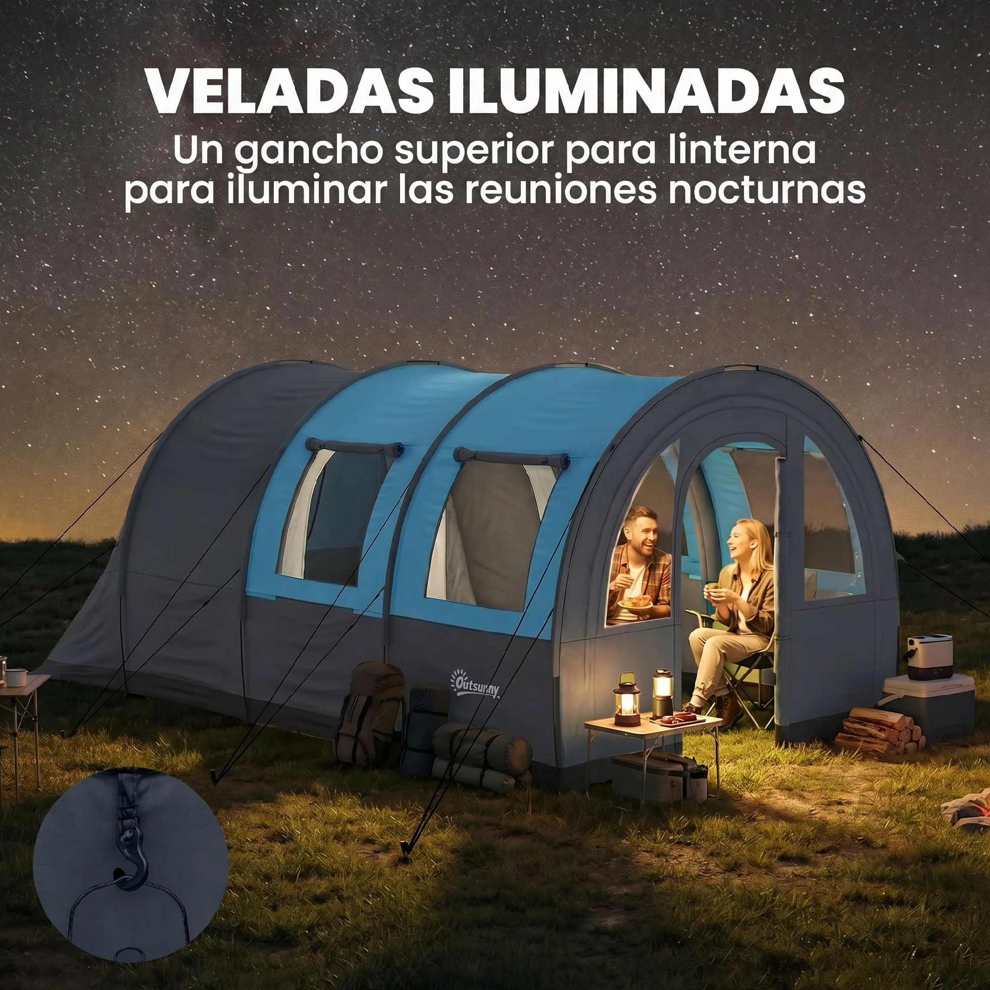 Outsunny Tienda de Campaña Familiar para 3 Personas Tienda de Camping Plegable Impermeable 3000 mm con 2 Habitaciones Puertas y Bolsa de Transporte para Senderismo 480x260x200 cm Gris
