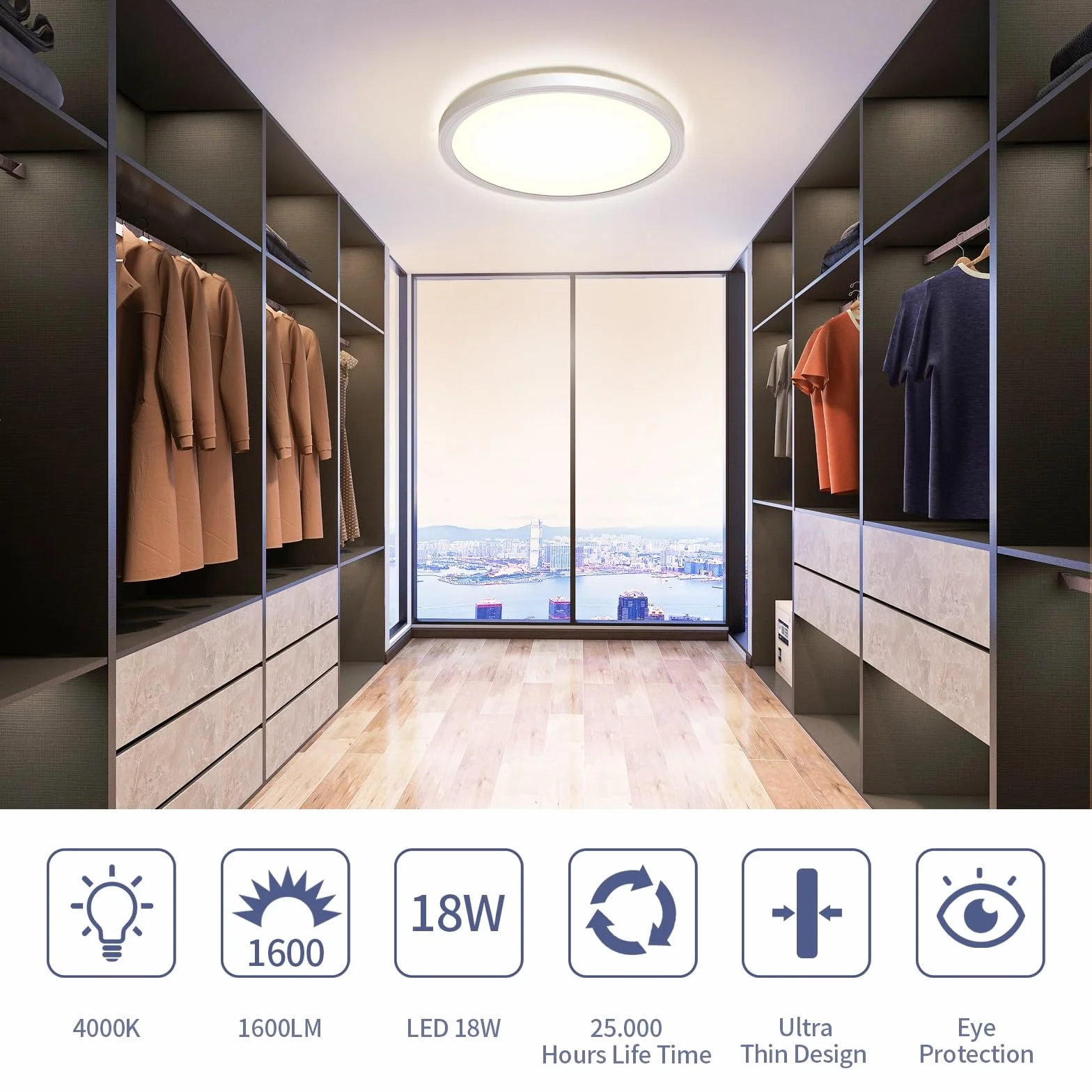 Plafon LED Redondo 18W 1600LM 3000K IP44 Ø22CM Lámpara de Techo Baño Cocina Interior