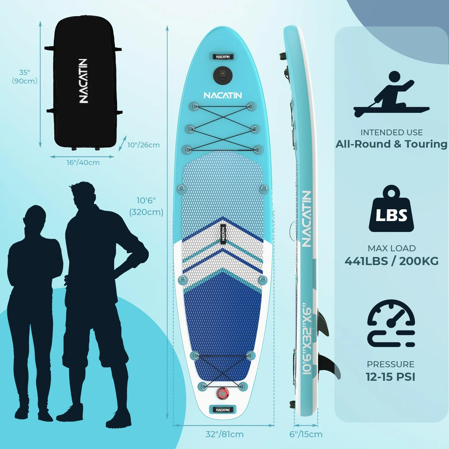 NACATIN - Tableros hinchables de 10'6" con Remo Ajustable Mochila de Viaje, Bomba, Bolsa Impermeable de 10L, Correa, Accesorios incluidos