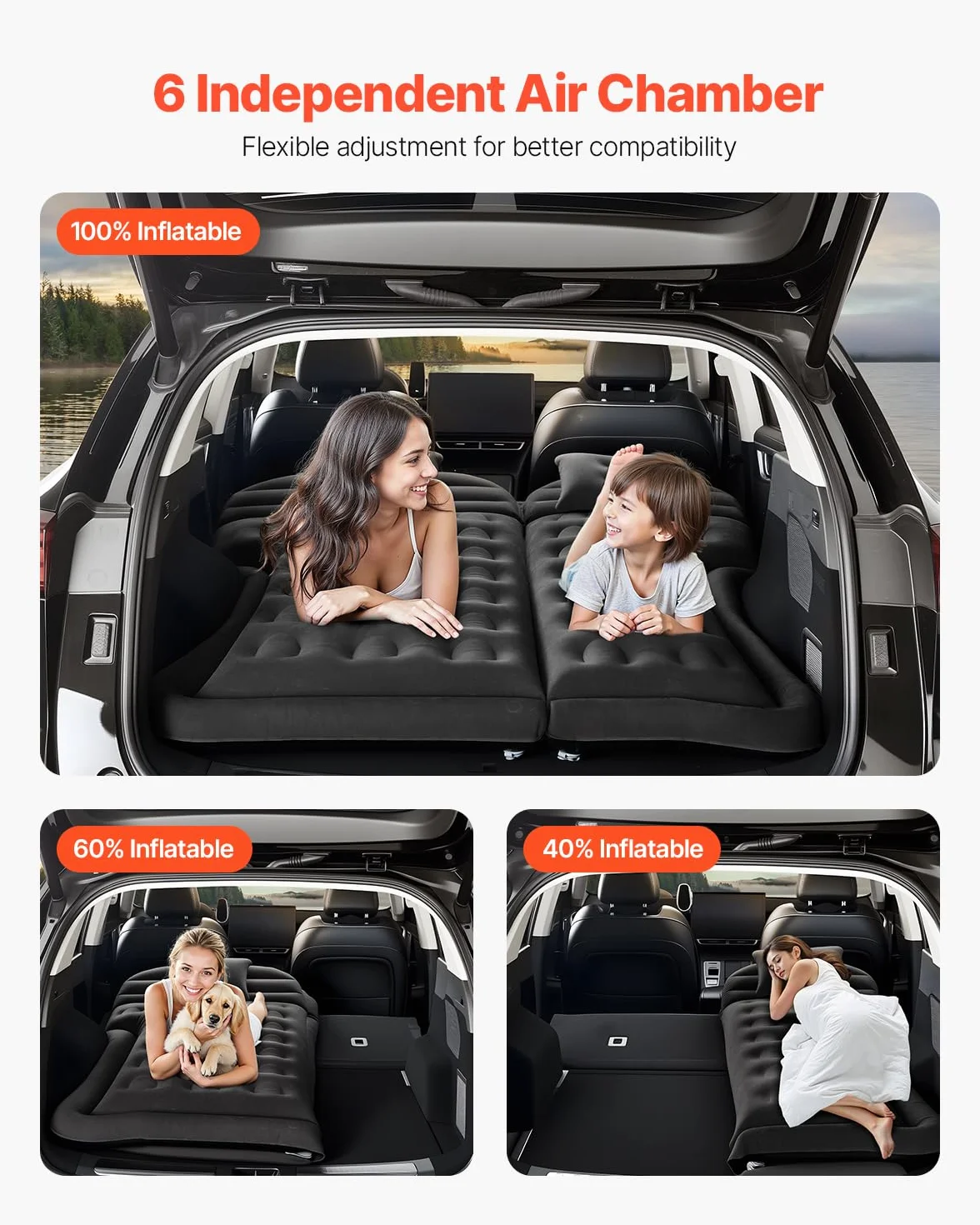 VEVOR Colchón Inflable de Camping para Coche, Grueso y Aterciopelado, Duradero con Bomba de Aire, 2 Almohadas, Boquilla y Bolsa de Transporte, para SUV, MPV y Sedán, Negro, 1750 x 1330 x 150 mm