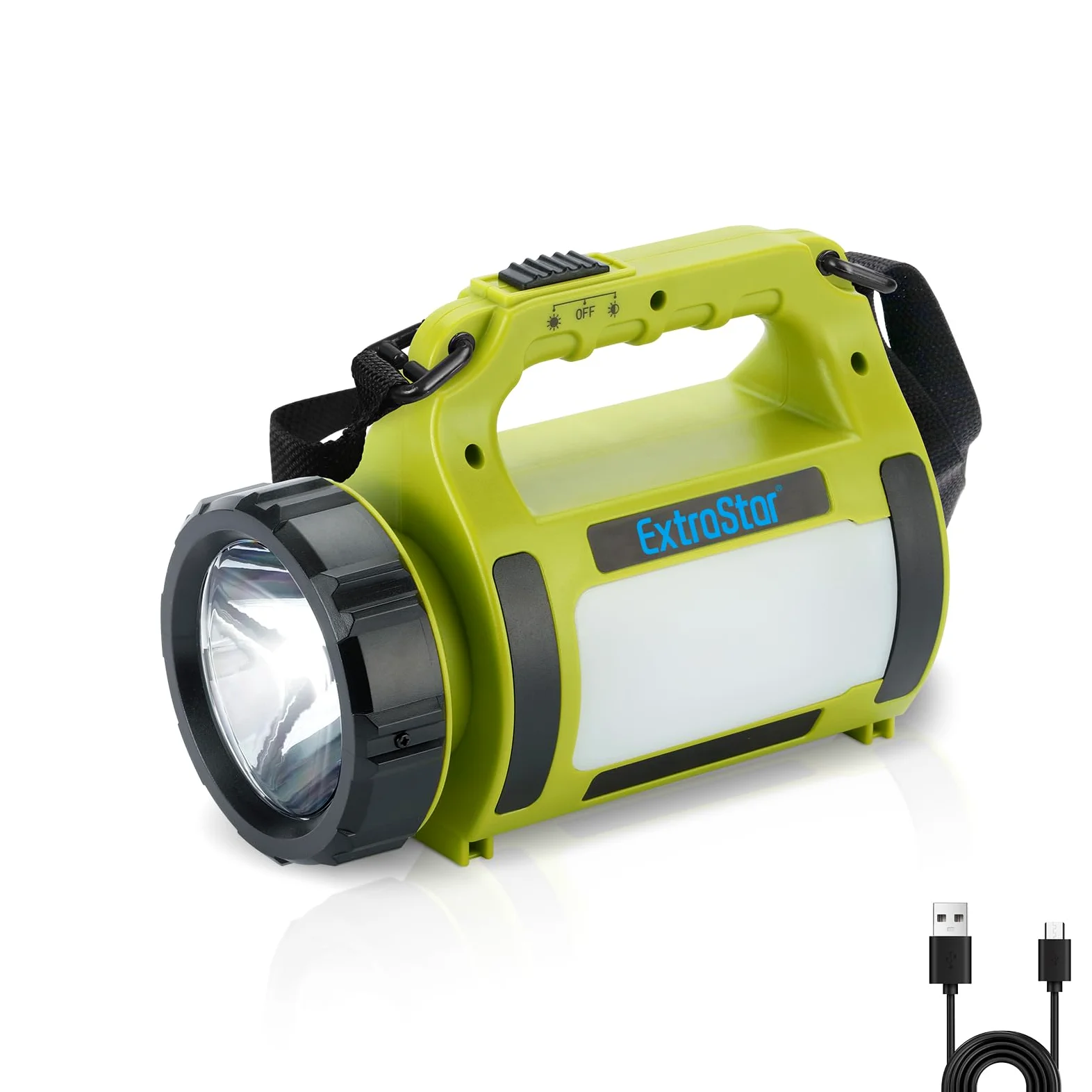 ExtraStar Foco de camping recargable, linterna LED con correa de hombro ajustable, múltiples modos de iluminación (frontal/lateral/intermitente), batería de larga duración, carga USB-C para aventuras