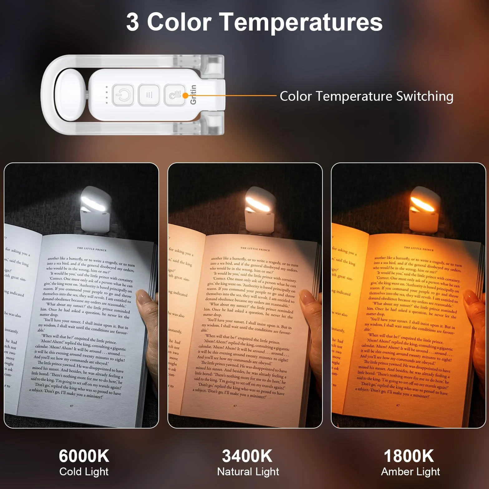 Gritin Luz de Lectura Recargable Ultraportátil con Pinzas, 3 Colores 5 Brillos Ajustables, Plegable Protección Ocular