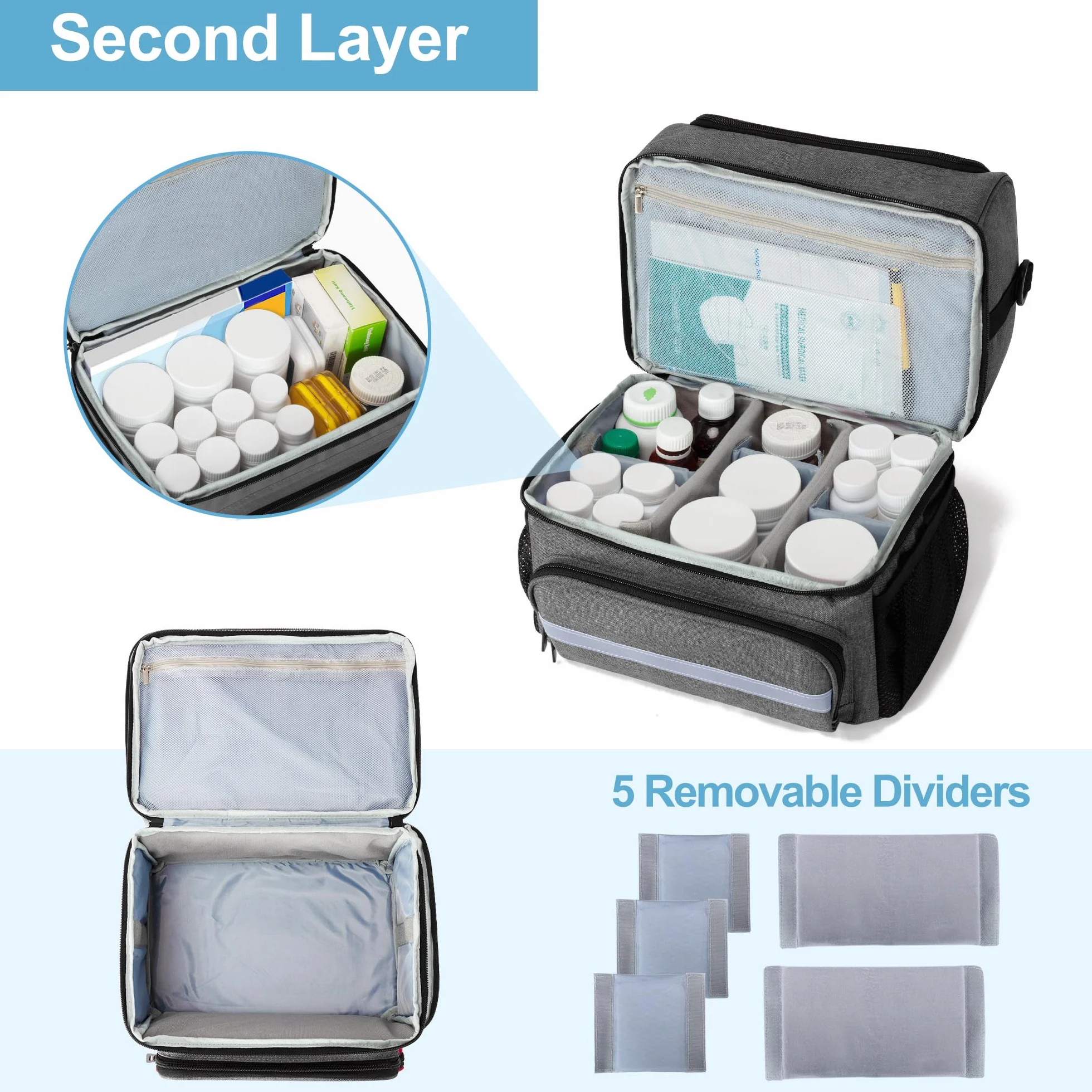 CURMIO Bolsa Médica Doble Capa Botiquín Primeros Auxilios Emergencia Medicamentos Gris