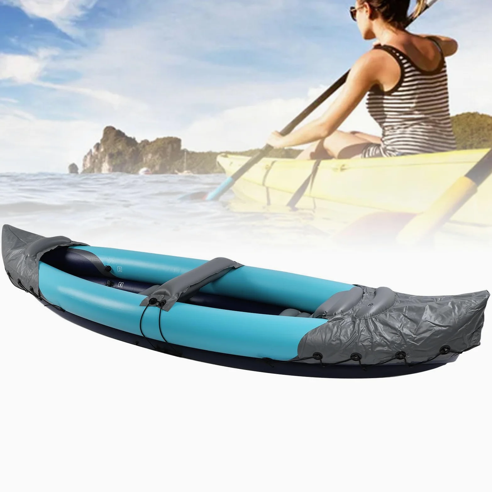 Kayak Plegable para 2 Personas, Canoa Inflable de PVC Engrosada con Protección Solar Portátil, Canoa en Tándem Doble Portátil, Juego de Kayak Inflable para Pesca, Rafting, Canotaje