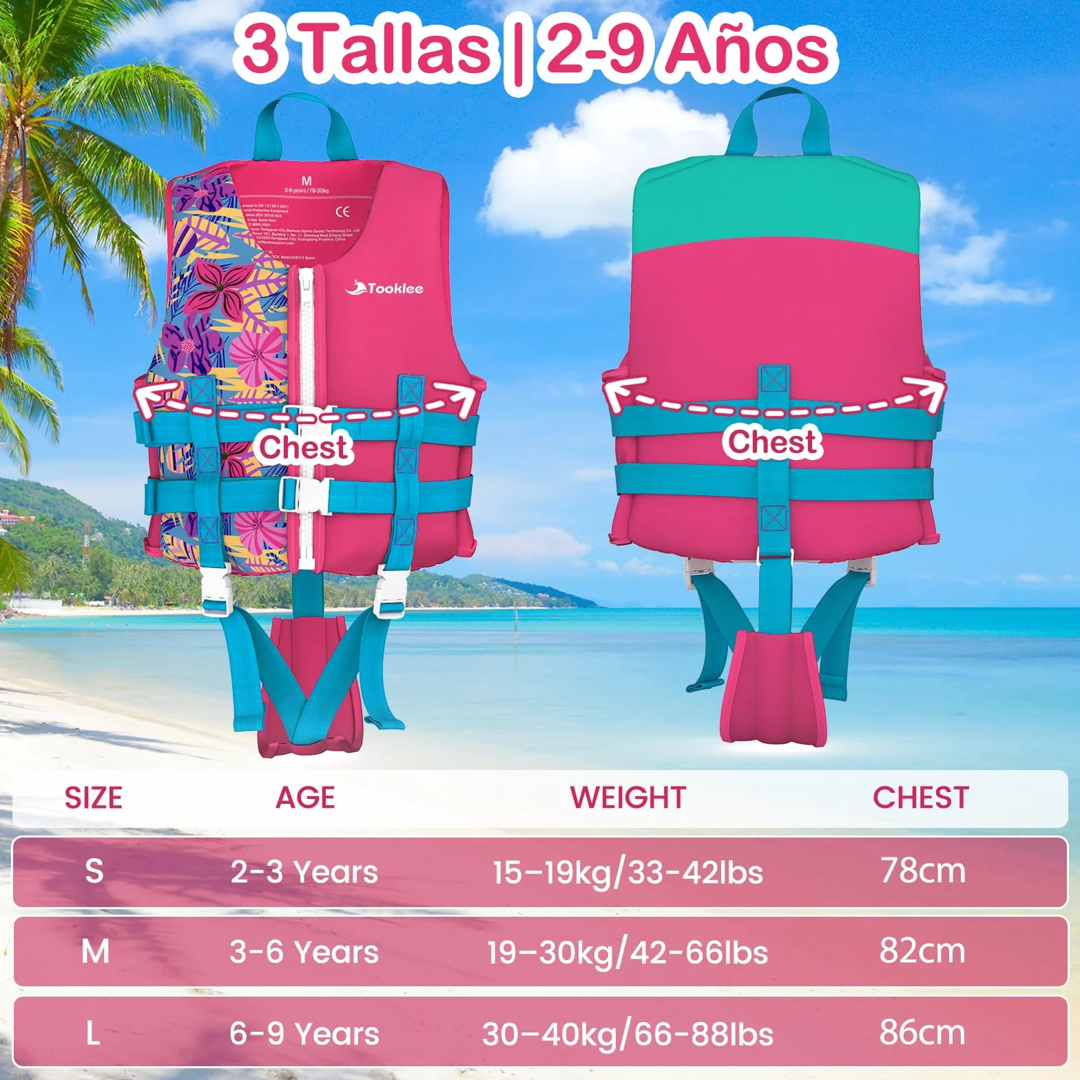 Chaleco de Natación para Niños, Neopreno Premium, Tirantes Dobles Ajustables, Correa de Entrepierna Ancha, Probado por TÜV