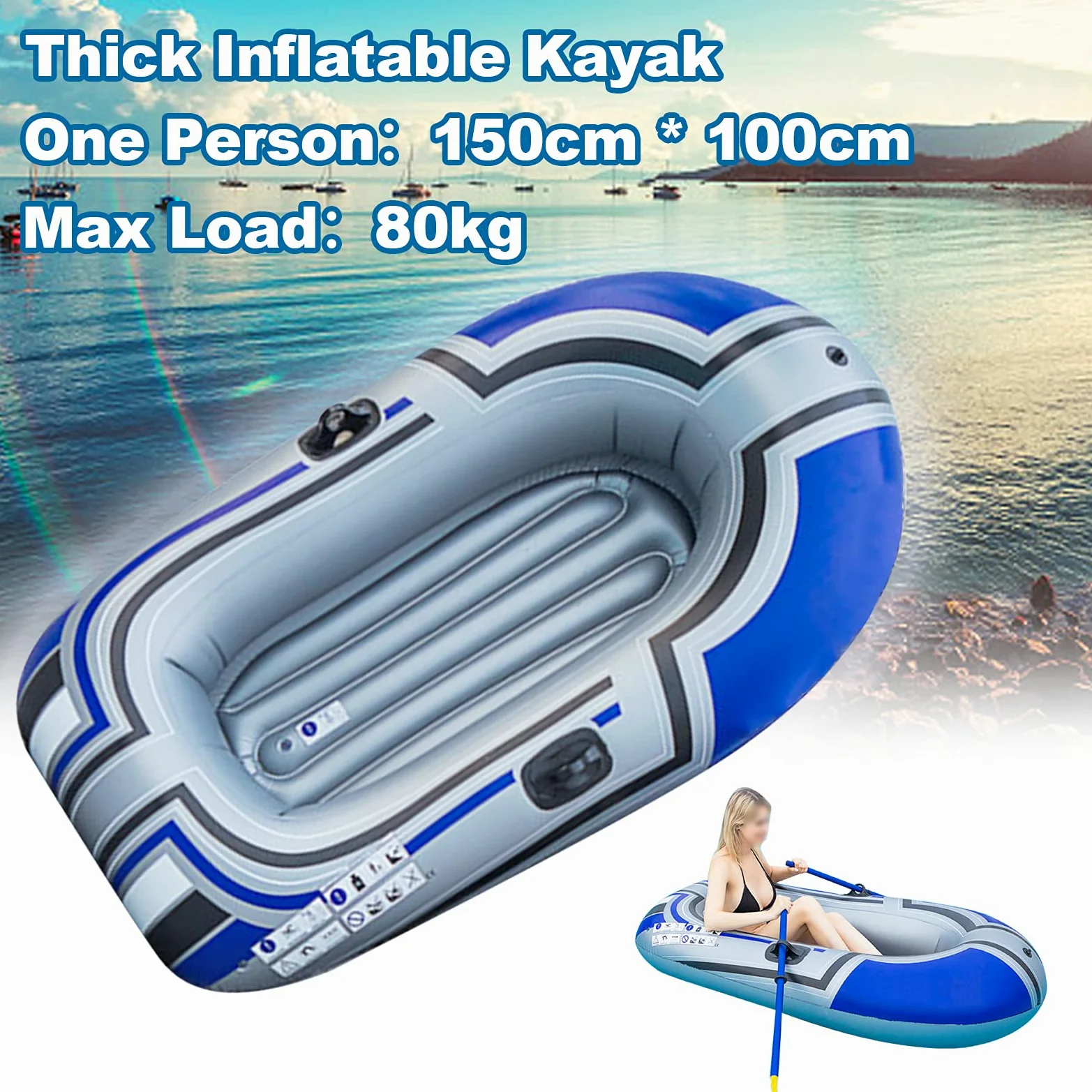 SIXRUN Bote Inflable, Kayak de Material de PVC Engrosado para una Sola, con Diseño Plegable para Caminatas y Actividades Al Aire Libre, 150 Cm, Capacidad de 80 Kg