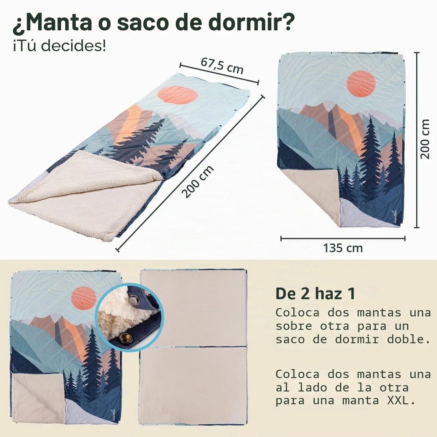 Skandika Manta de Camping para Exteriores Liva | 4 en 1, 200 x 135 cm, Colcha, Saco de Dormir, Almohada, con Parte Inferior de Piel de Borreguito o Nailon