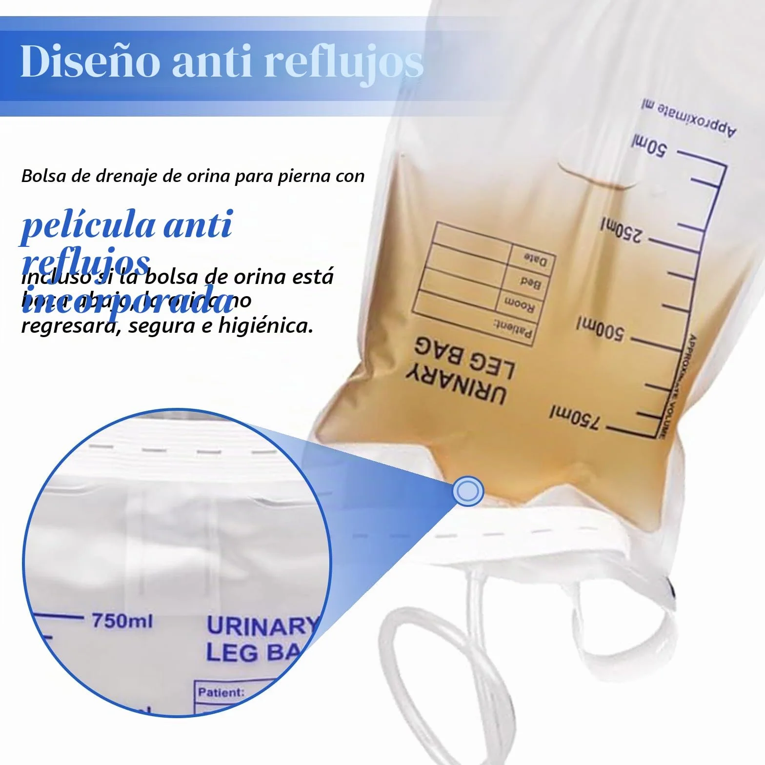 Bolsa de Orina 750ml, Bolsas de Drenaje con Película Antirreflujo, Válvula y Correas de Tela