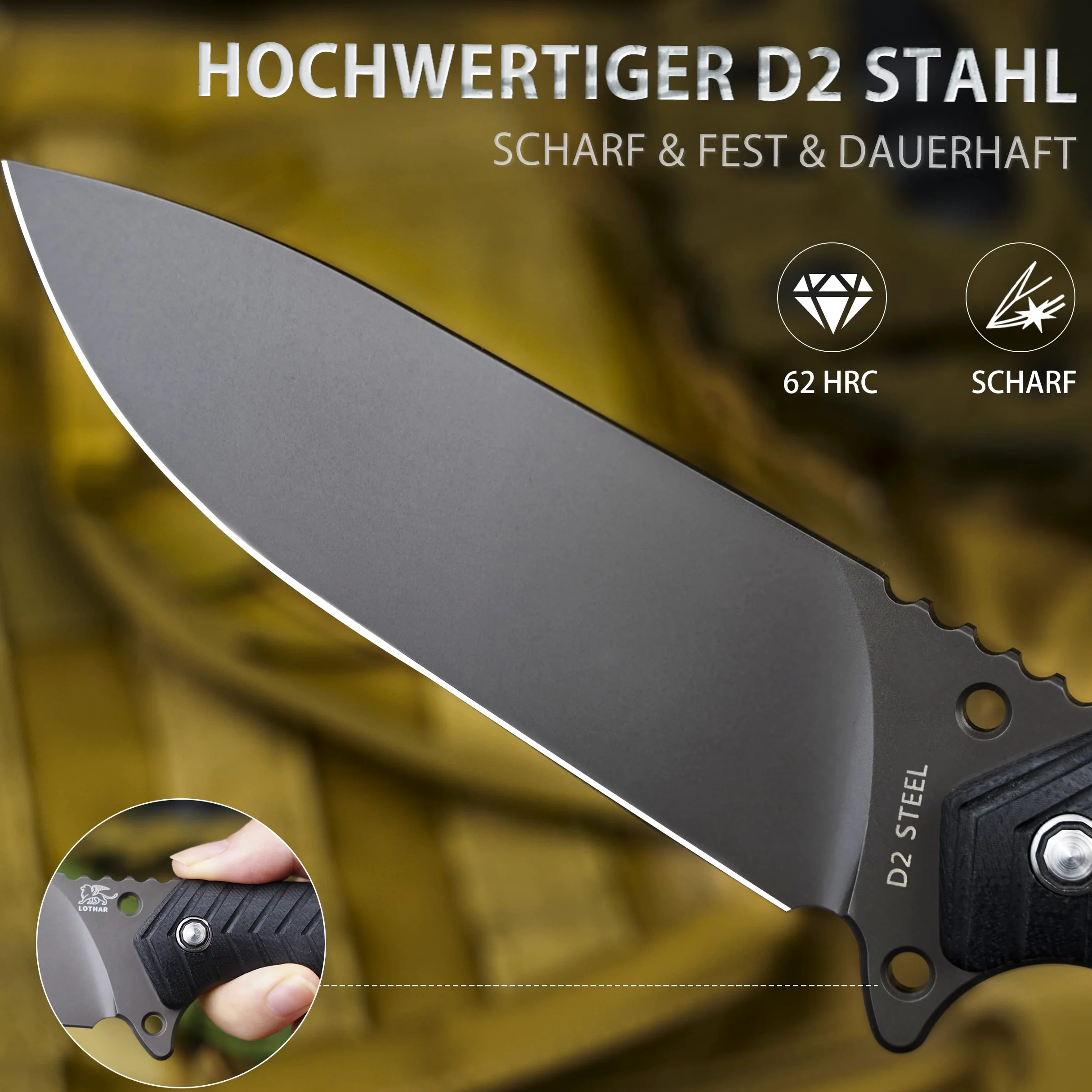 LOTHAR BAT Cuchillos de Hoja Fija, Couteau D'extérieur de Survie en Acier D2 avec Poignée en G10 et Étui Kydex, Idéal pour les Amateurs de Couteaux de Chasse en Plein Air