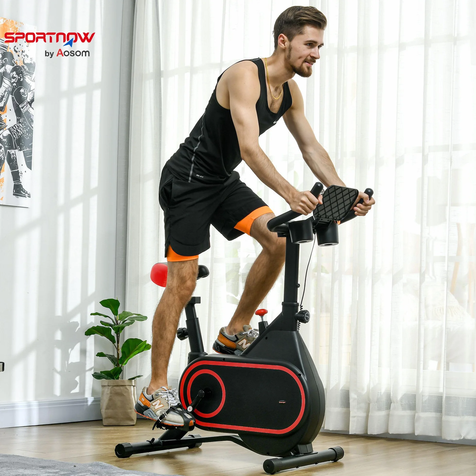 SPORTNOW Bicicleta Estática Bici Estática con Volante de Inercia 4 kg Resistencia Magnética Ajustable Pantalla LCD Silencioso Asiento Ajustable y Soporte de Vasos Carga 120 kg para Casa Gimnasio