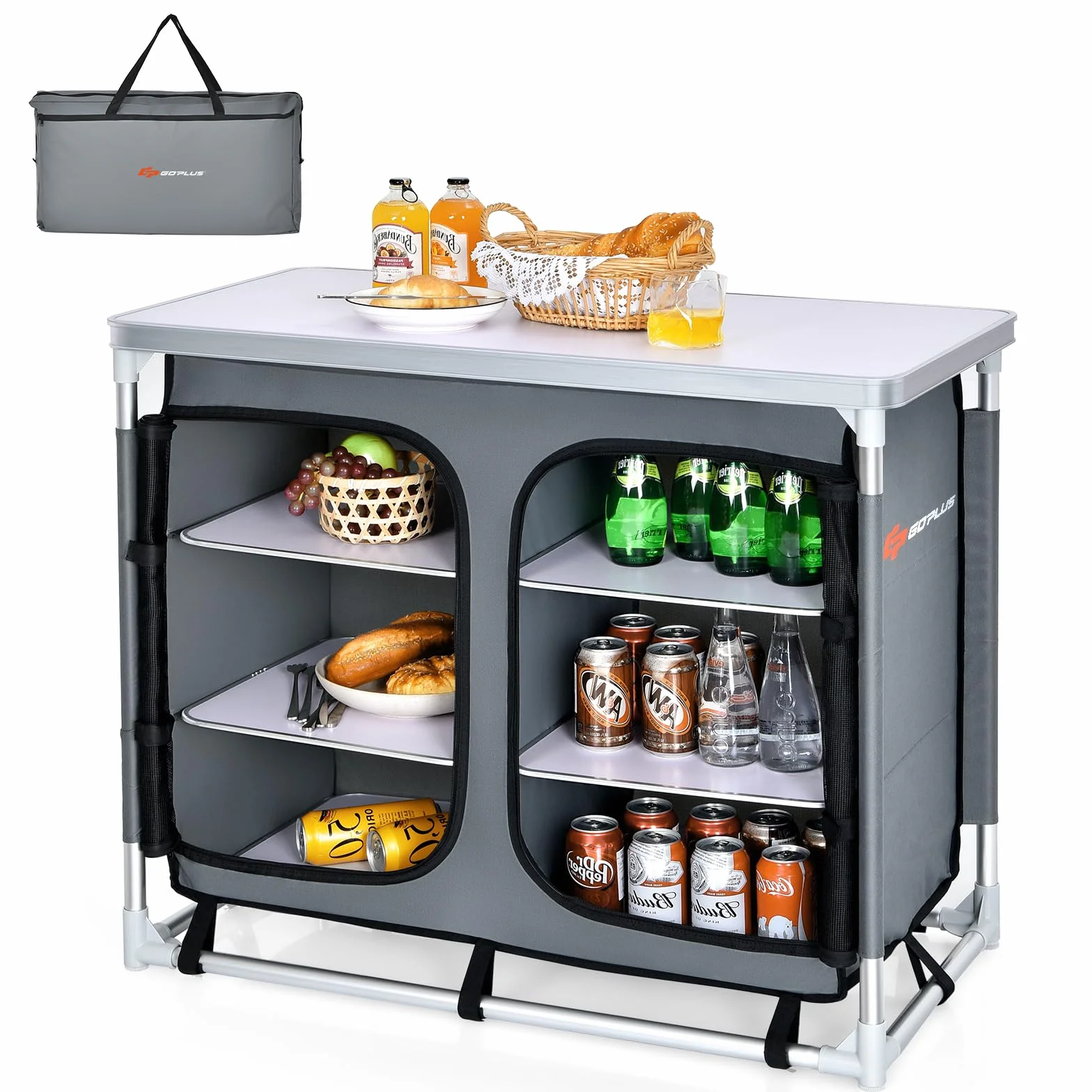 GYMAX Armario Plegable Camping, 96 x 49 x 81,5 cm, Mesa de Cocina al Aire Libre con 6 Compartimientos de Almacenamiento y Bolsa de Transporte, Cocina de Viaje para BBQ, Camping y Picnics, Gris