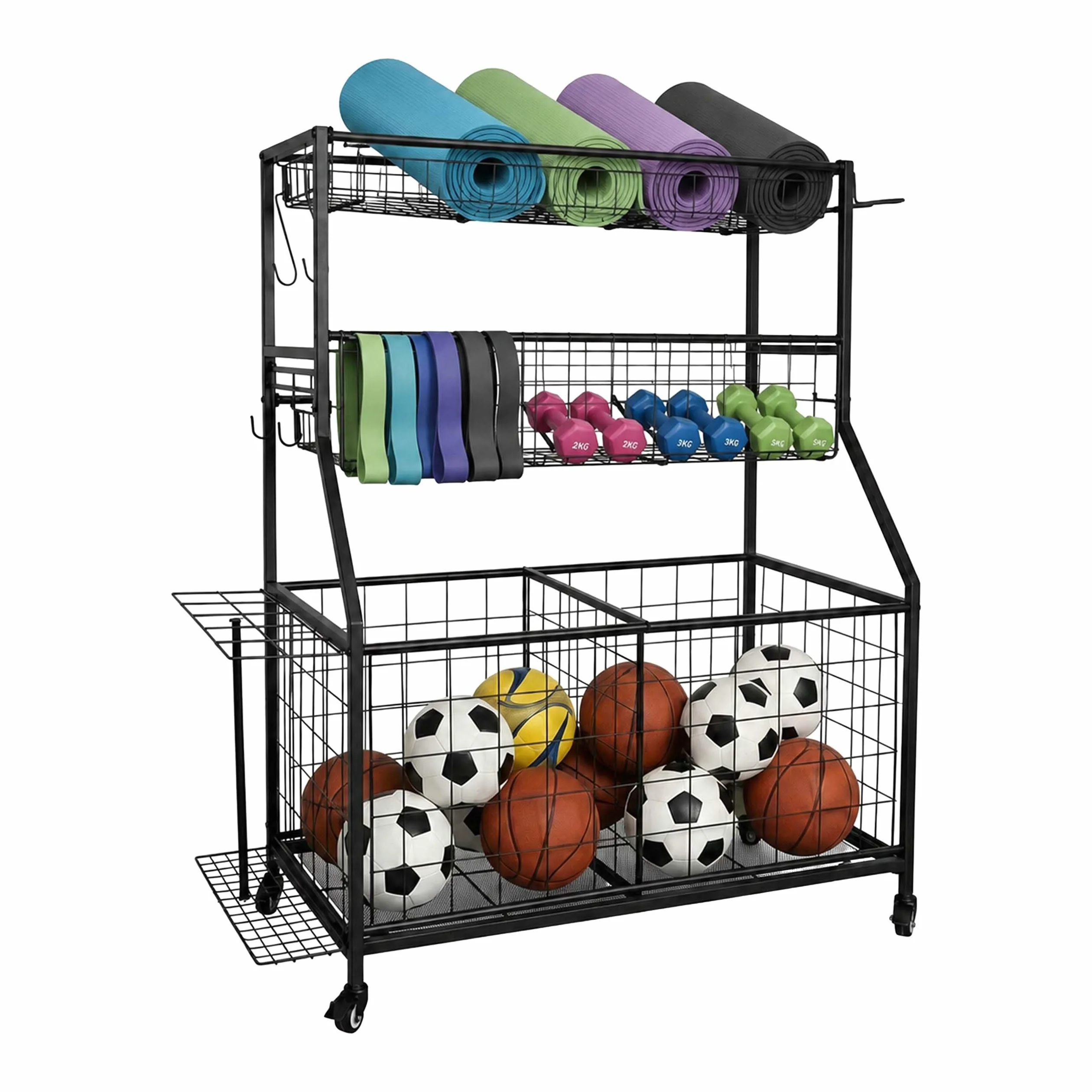 Relaxdays Organizador Deportivo Negro, 4 Ruedas (2 con Freno) | 116 x 91,5 x 43 cm, carro para pelotas, metal