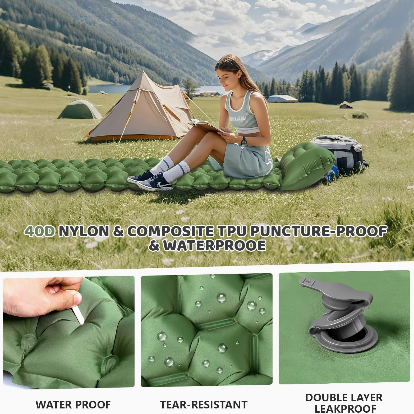 Colchoneta inflable ultraligera para dormir para camping, almohadilla de dormir autoinflable con bomba de pie integrada, colchón de aire duradero e impermeable para aventuras de camping y
