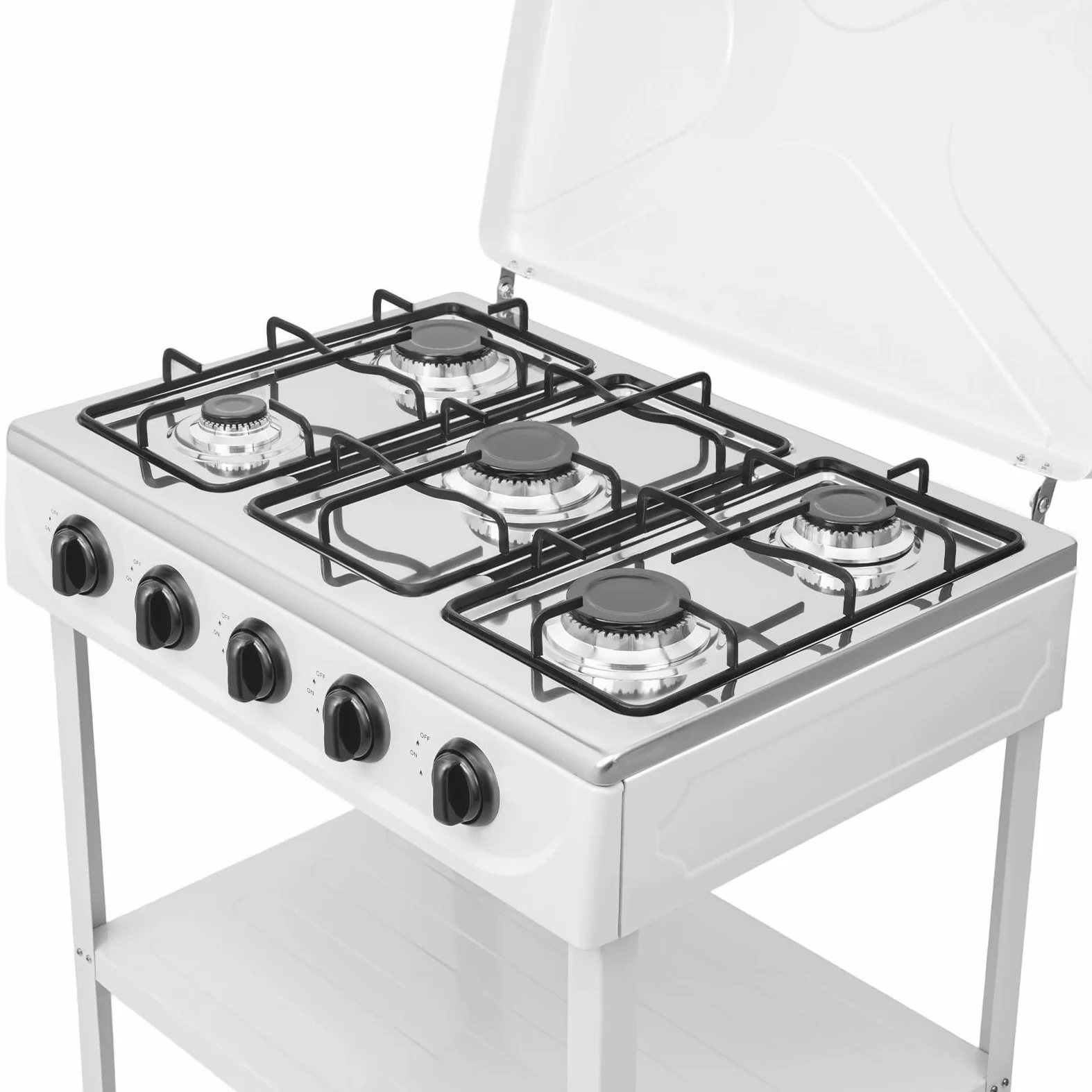 Estufa de camping independiente con 5 fuegos, estufa de gas con estante, portátil, para caravanas, camping y actividades al aire libre (blanco, cinco rejillas)